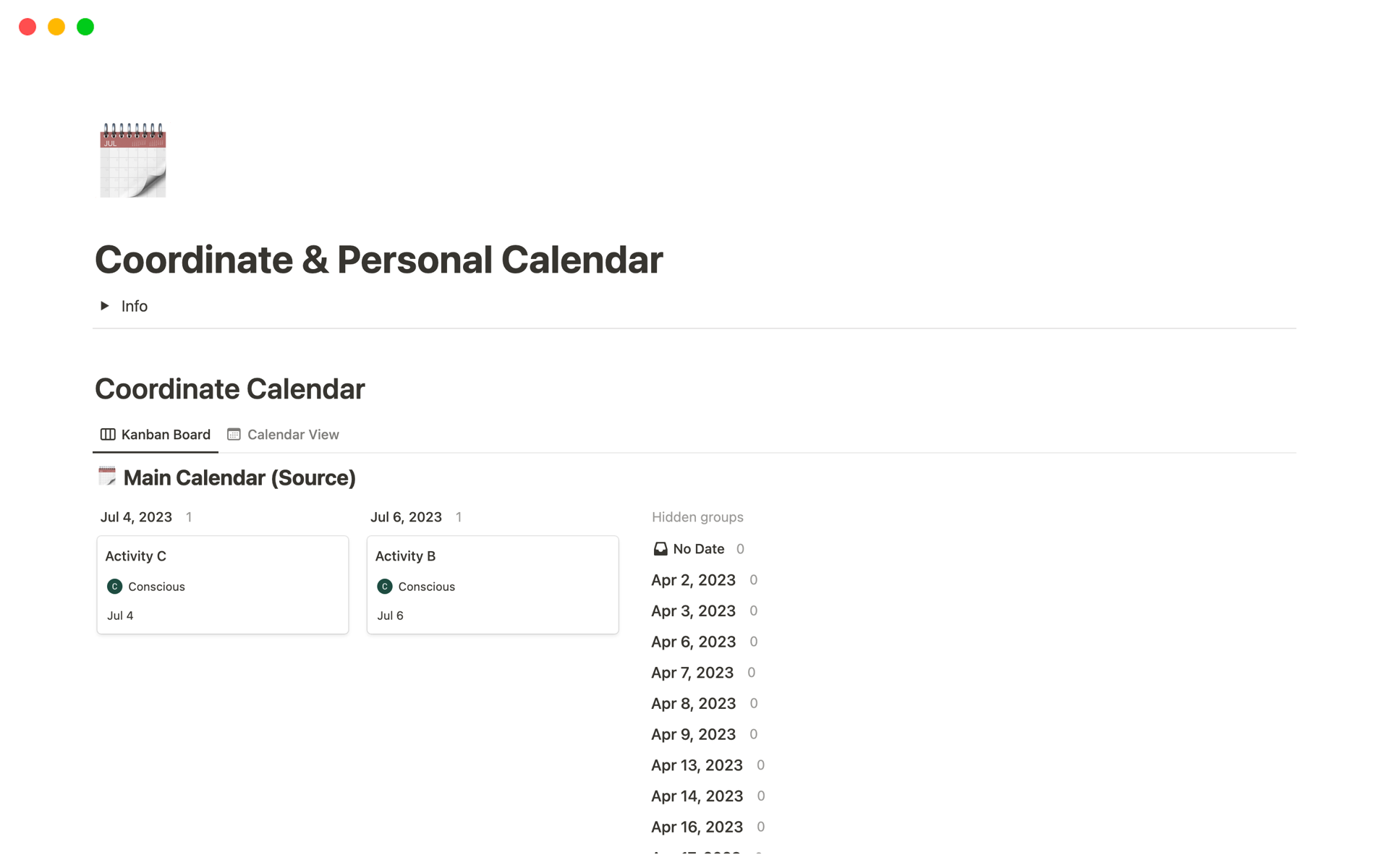 A coordinate calendar that shows events of multiple parties, and a personal calendar that takes those events and only shows the ones your involved in. 