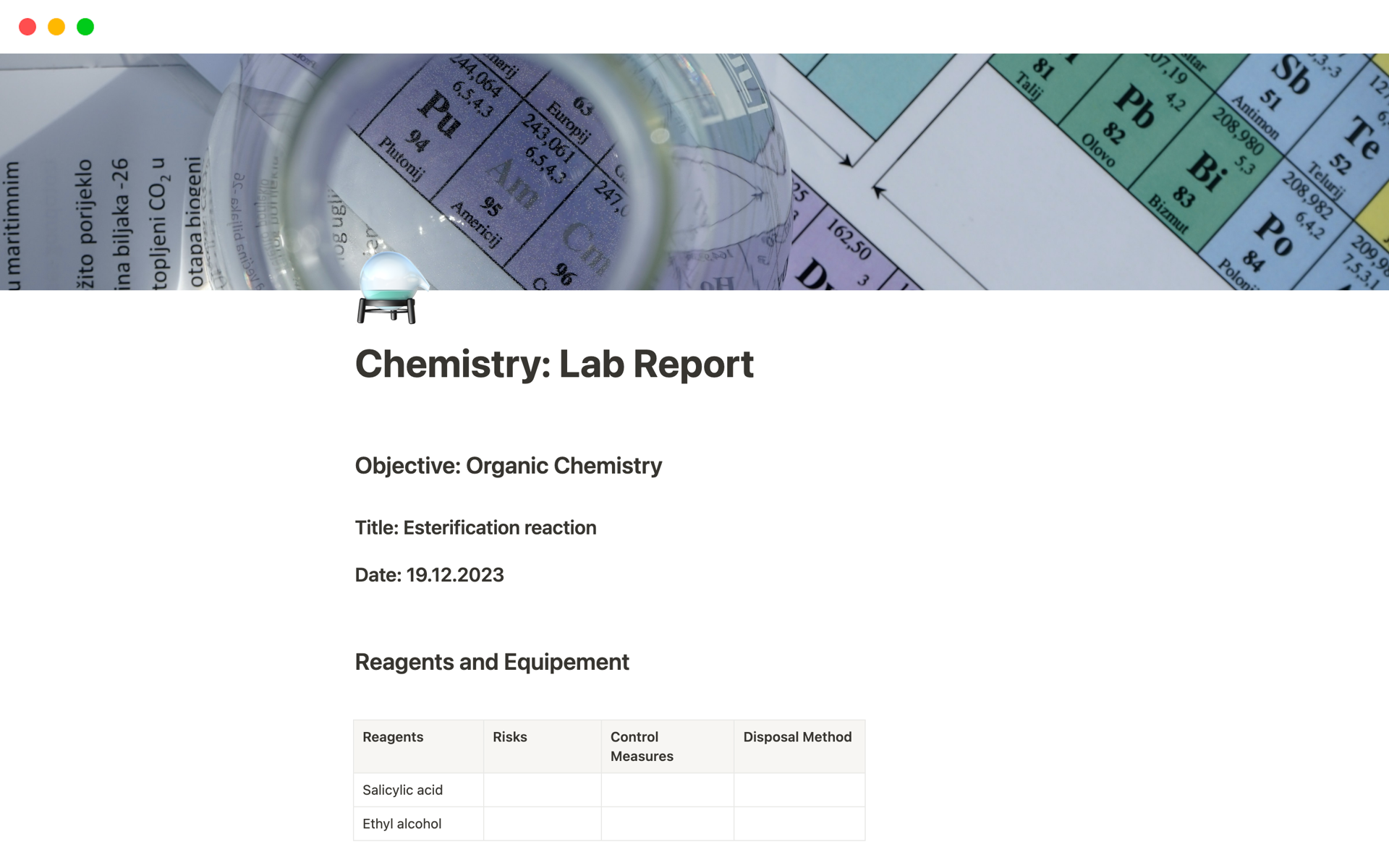 Vista previa de una plantilla para Chemistry Lab Report