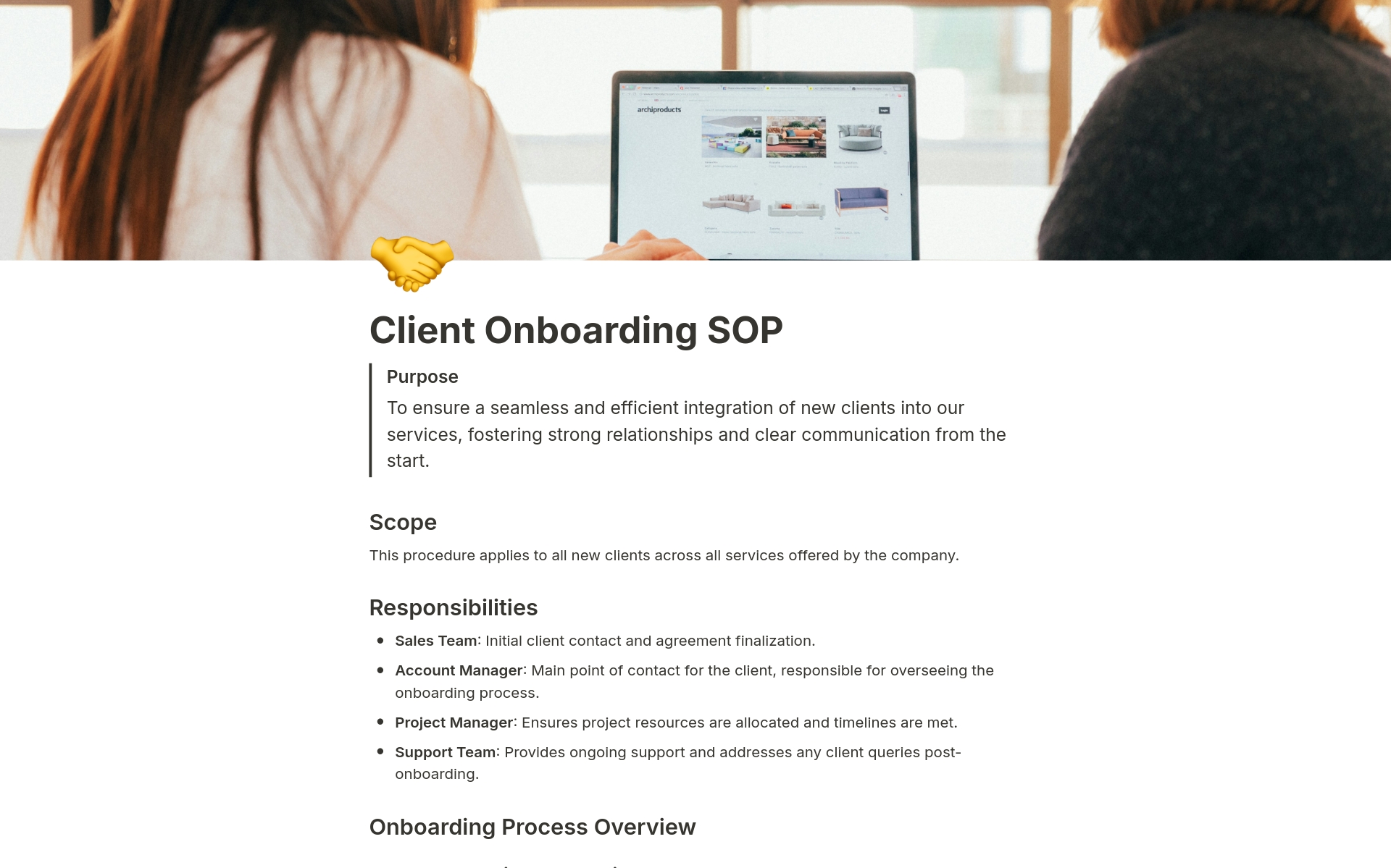 Optimize new client integration with this SOP template, ensuring efficient onboarding and strong relationships from the outset.