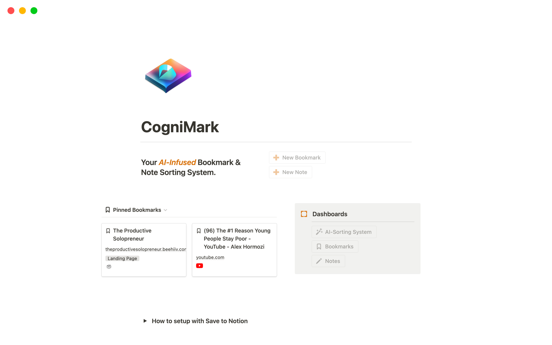 En förhandsgranskning av mallen för CogniMark -The AI Self-Sorting Bookmark System