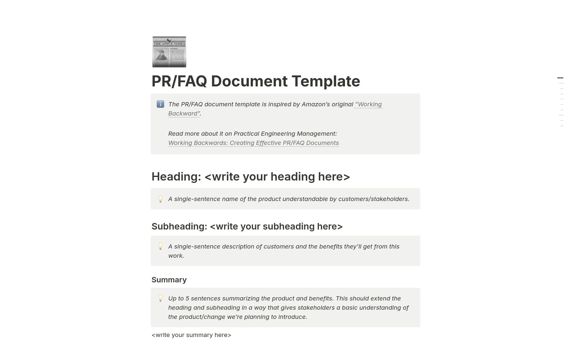 Vista previa de una plantilla para PR/FAQ Document