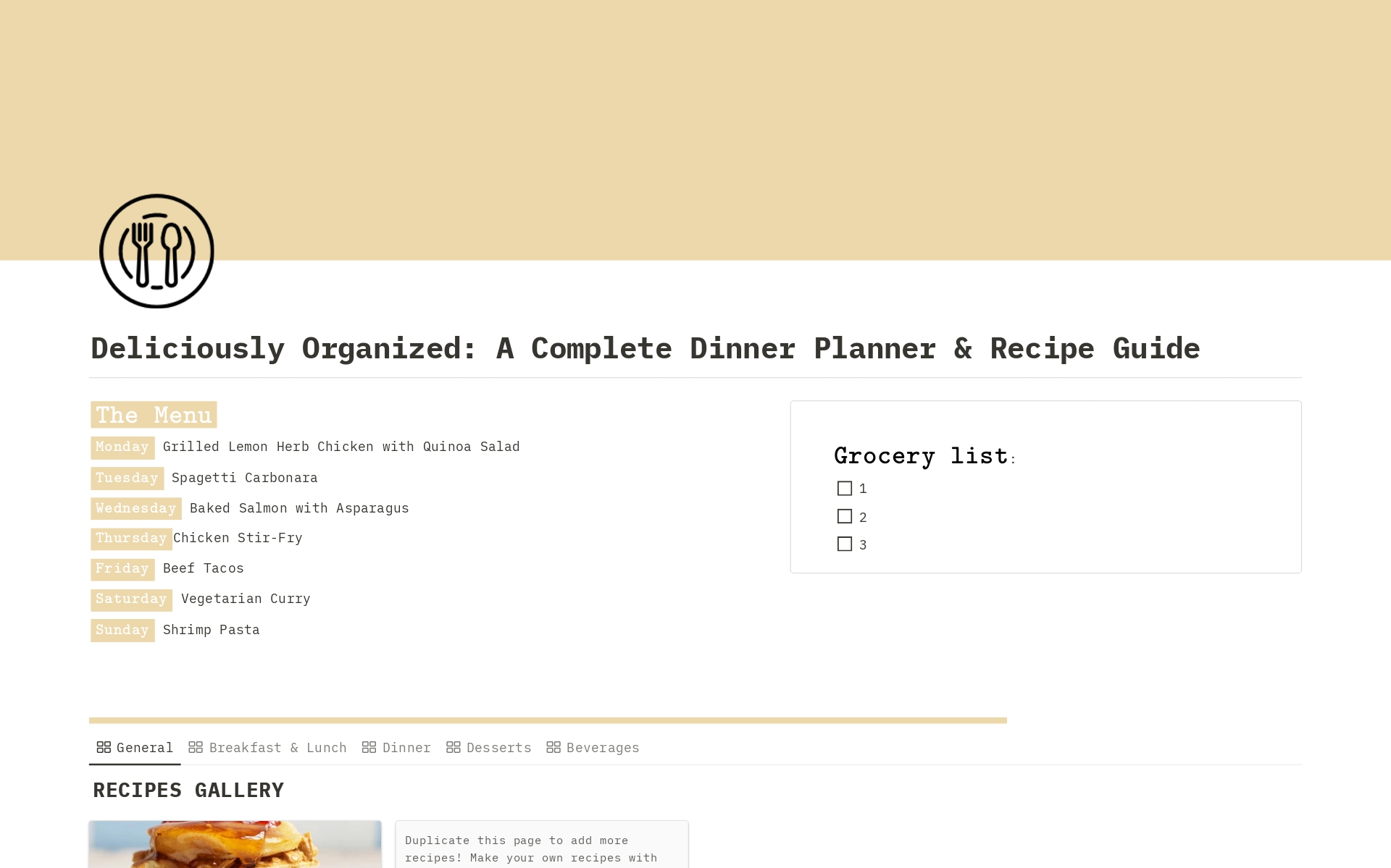 En förhandsgranskning av mallen för A Complete Dinner Planner & Recipe Guide