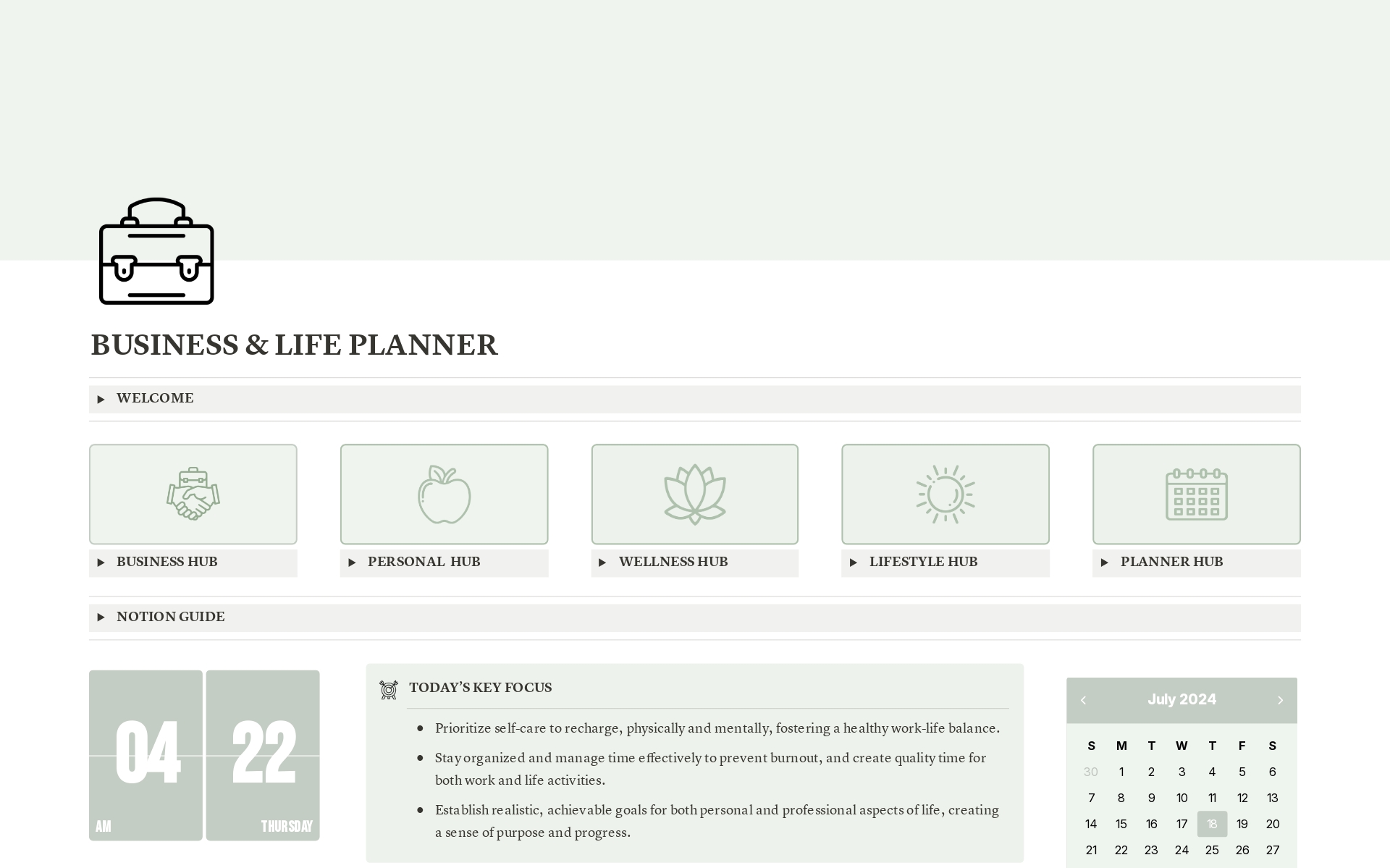 A template preview for Business & Life Planner - Sage Green