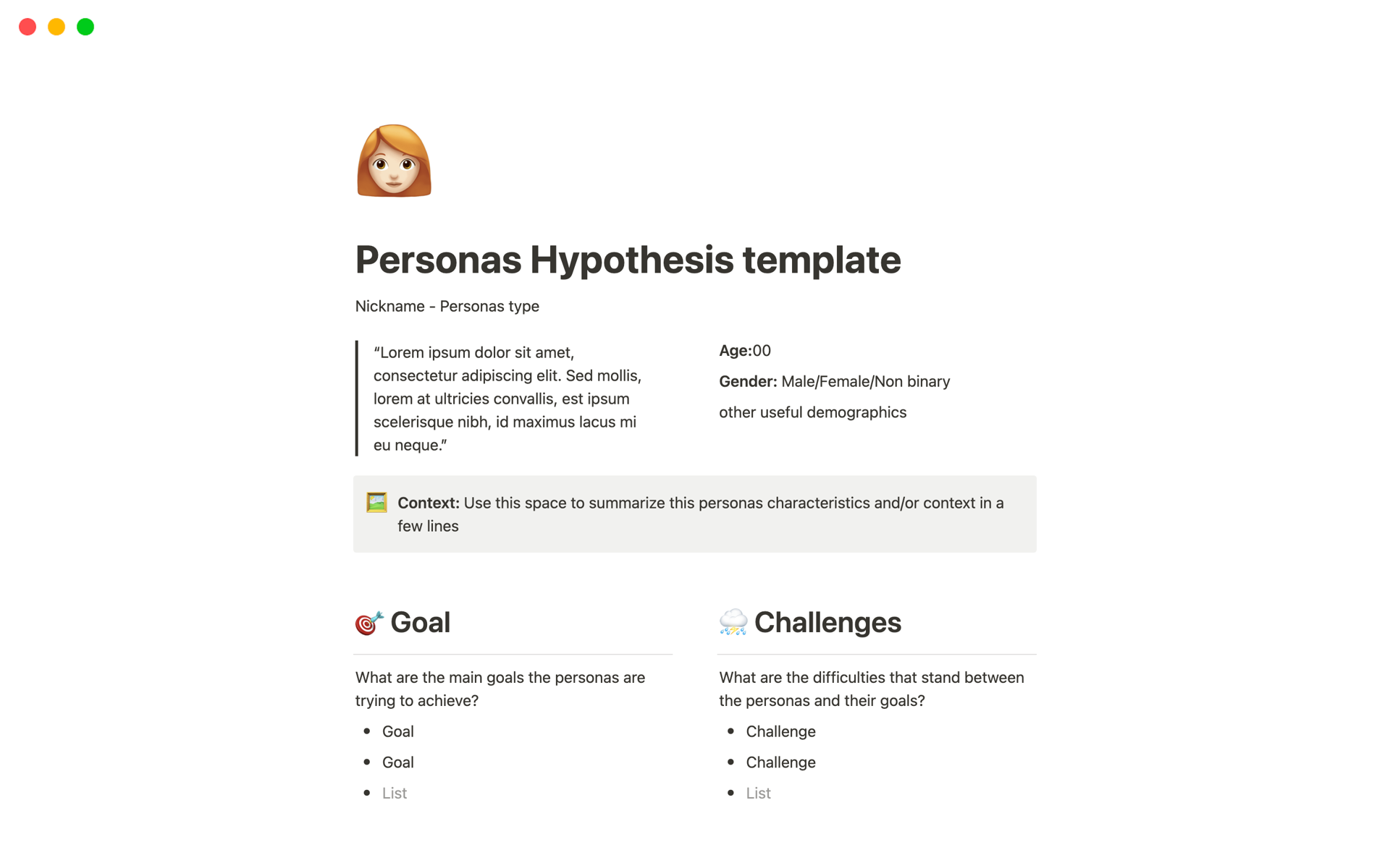 This template collects information useful to define a Personas hypothesis.