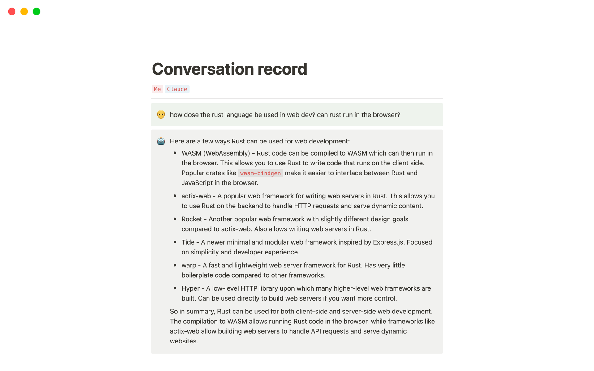 A template preview for Conversation record