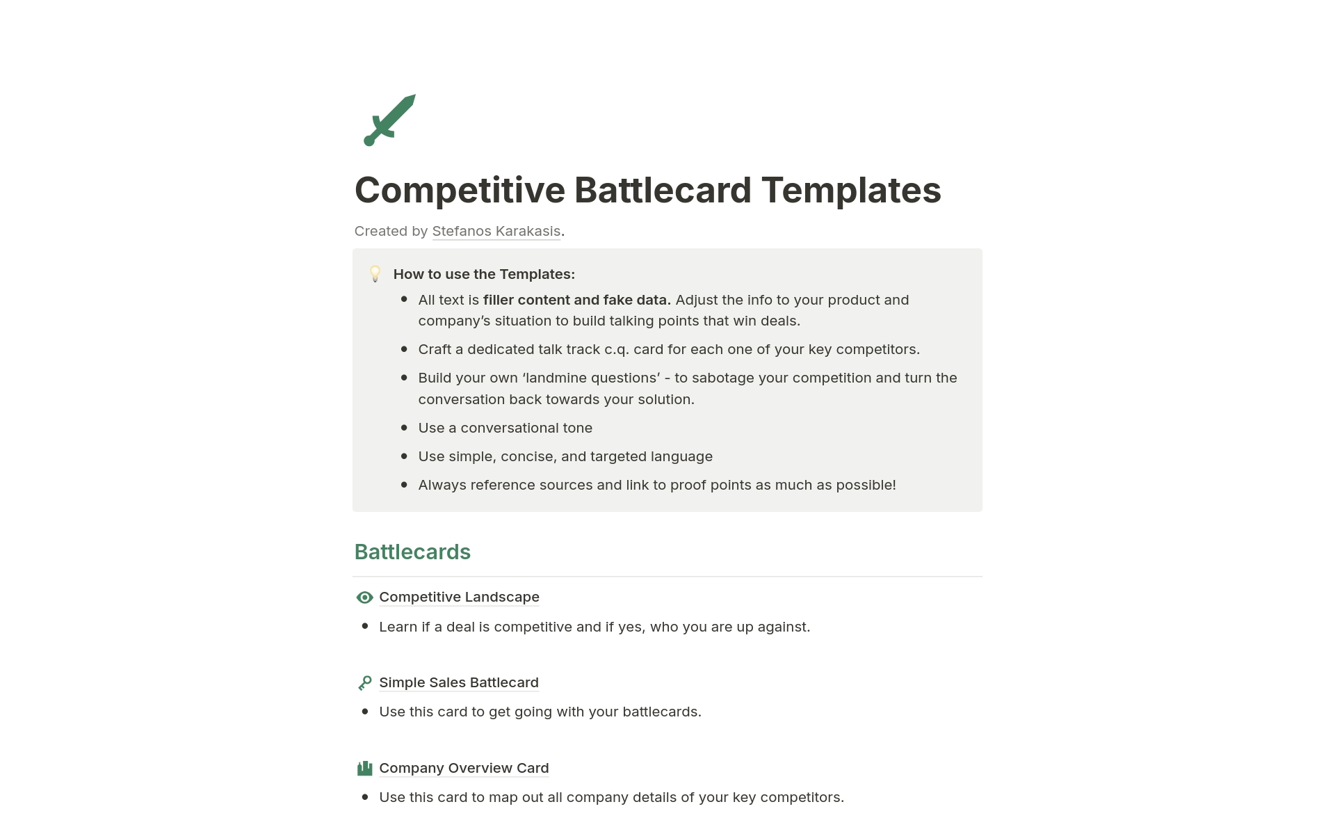 Uma prévia do modelo para Notion Battlecard Templates