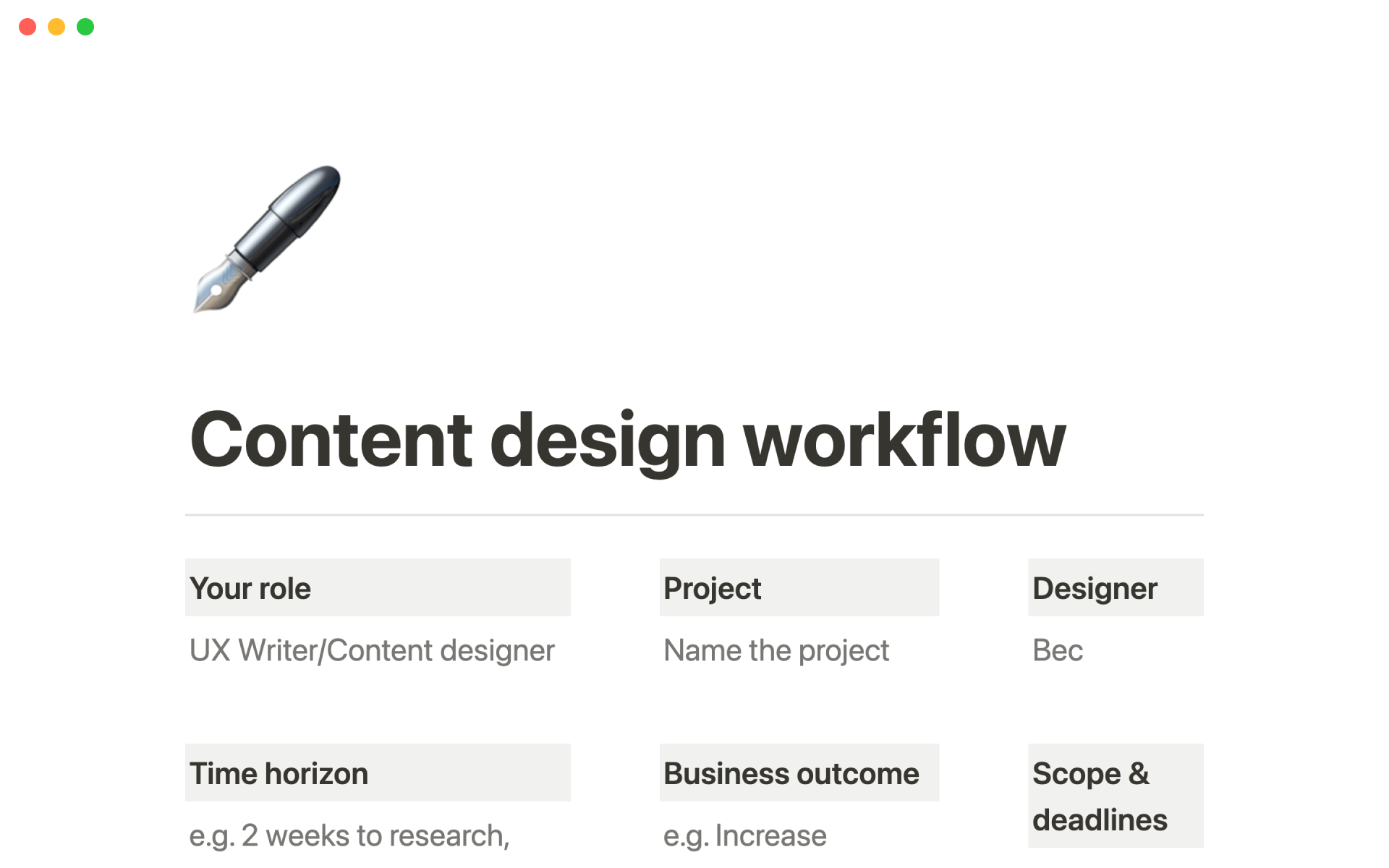En förhandsgranskning av mallen för Content design workflow