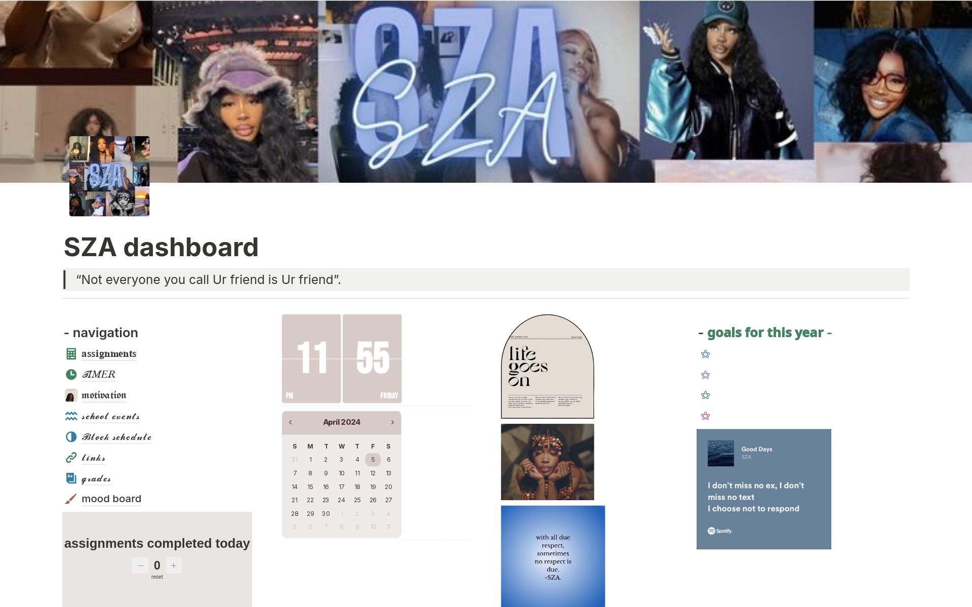 A template preview for SZA dashboard 
