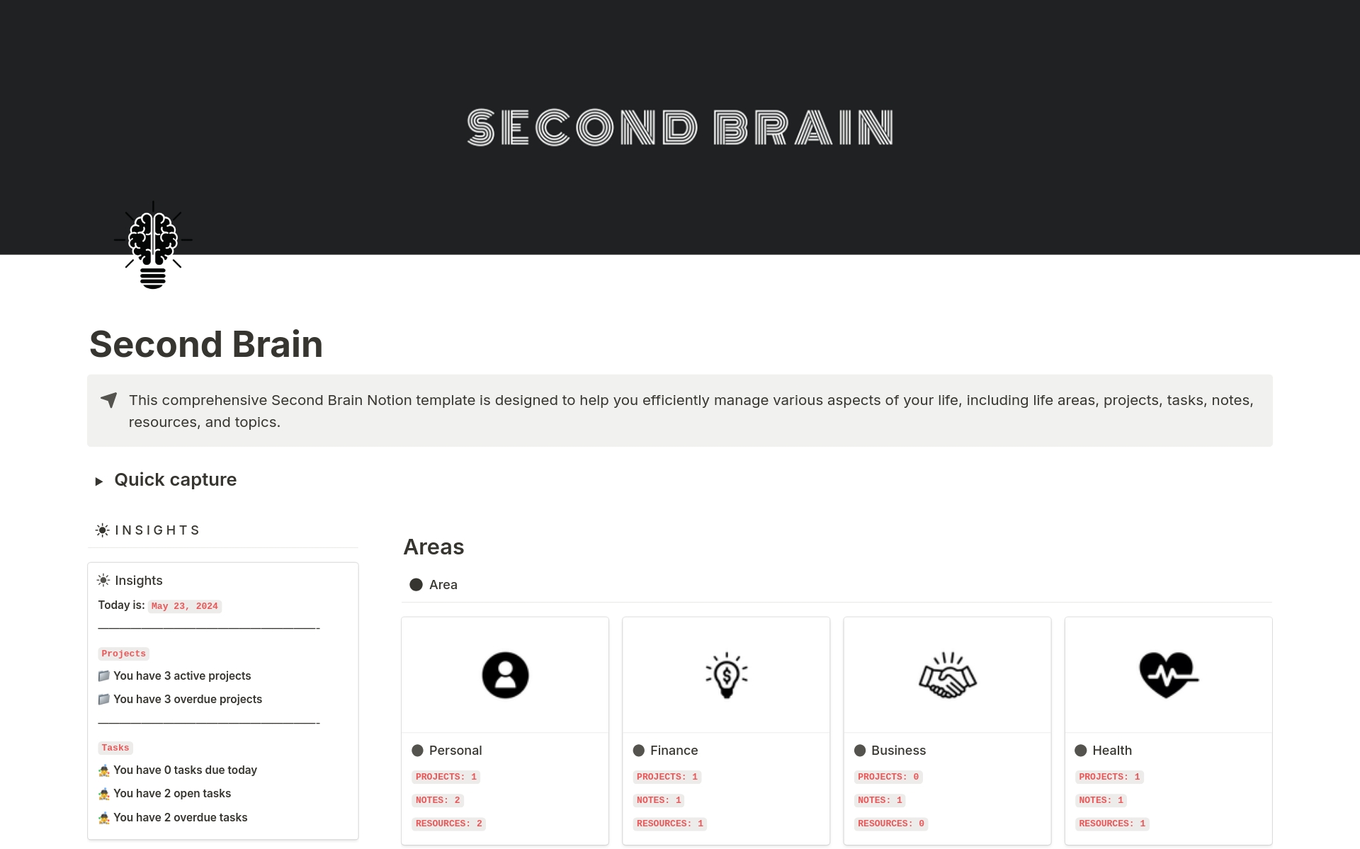 This comprehensive Second Brain Notion template is designed to help you efficiently manage various aspects of your life, including life areas, projects, tasks, notes, resources, and topics.