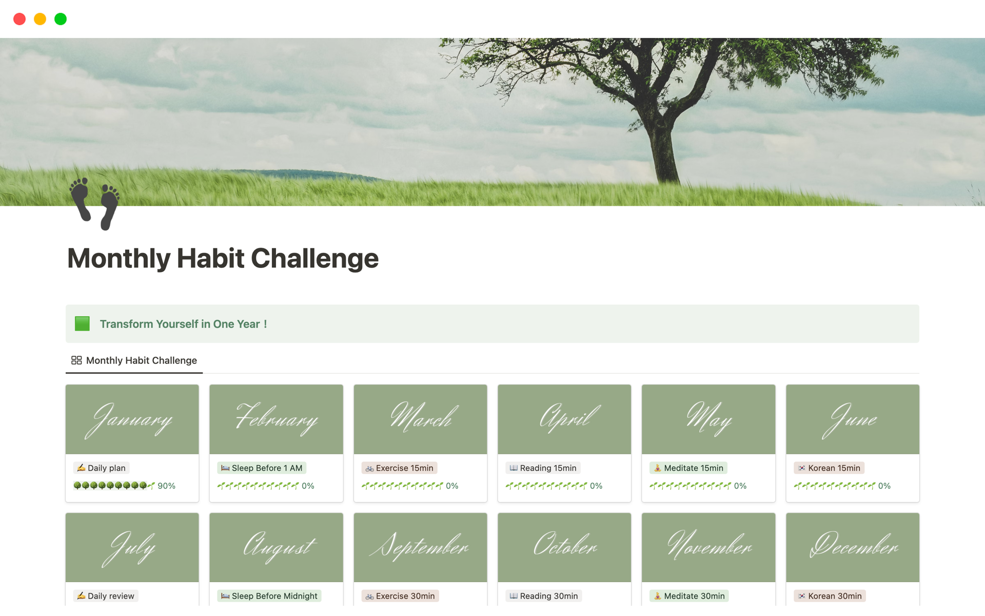 Create a monthly challenge to develop a habit and commit to changing yourself for a year.