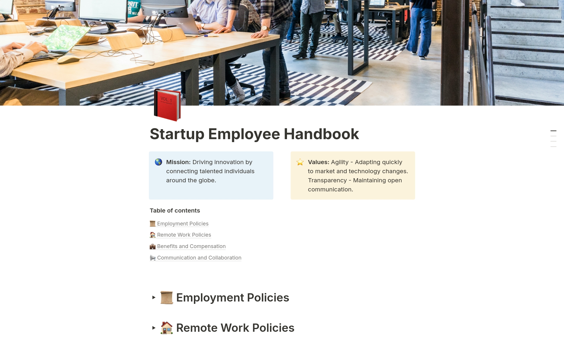 En forhåndsvisning av mal for Startup Employee Handbook