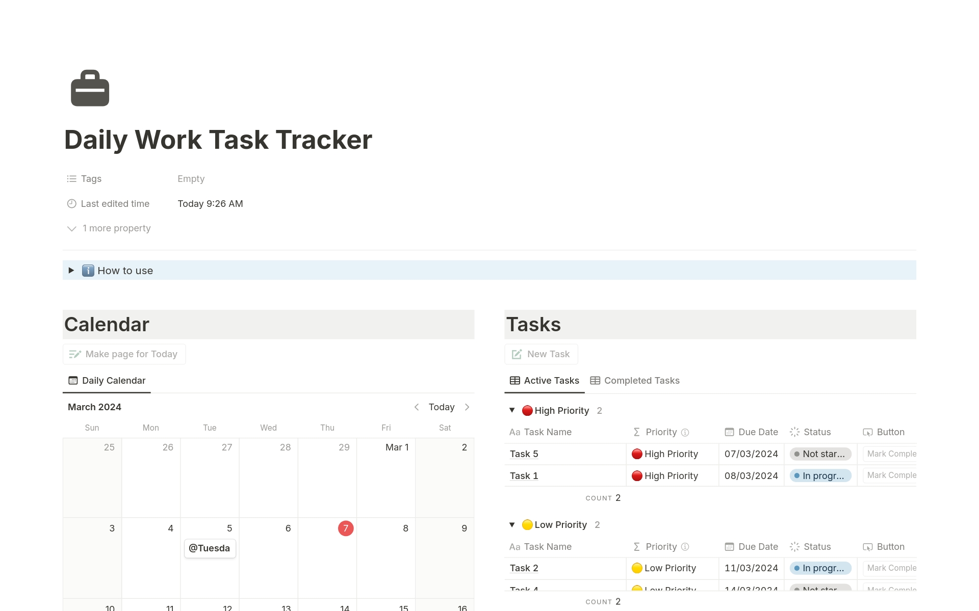En forhåndsvisning av mal for Daily Work Task Tracker