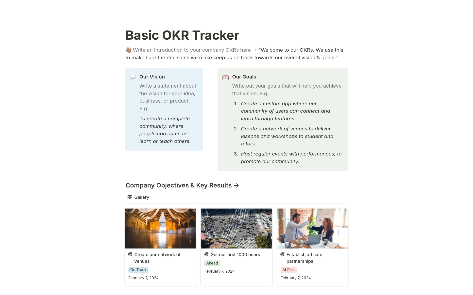 En förhandsgranskning av mallen för Basic OKR Tracker