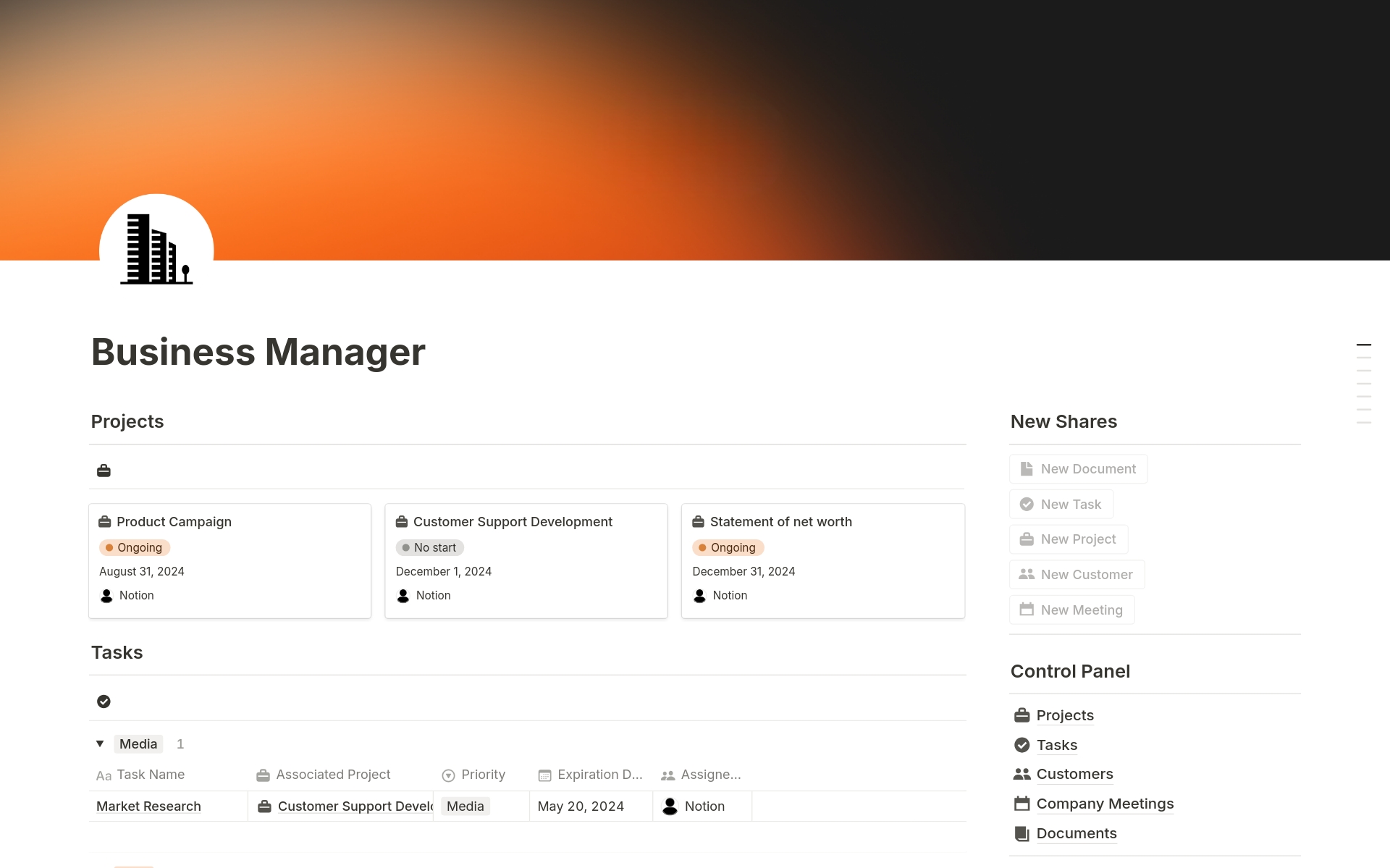 Manage all aspects of your company with the Business Manager template in Notion. Ideal for small and medium-sized businesses.