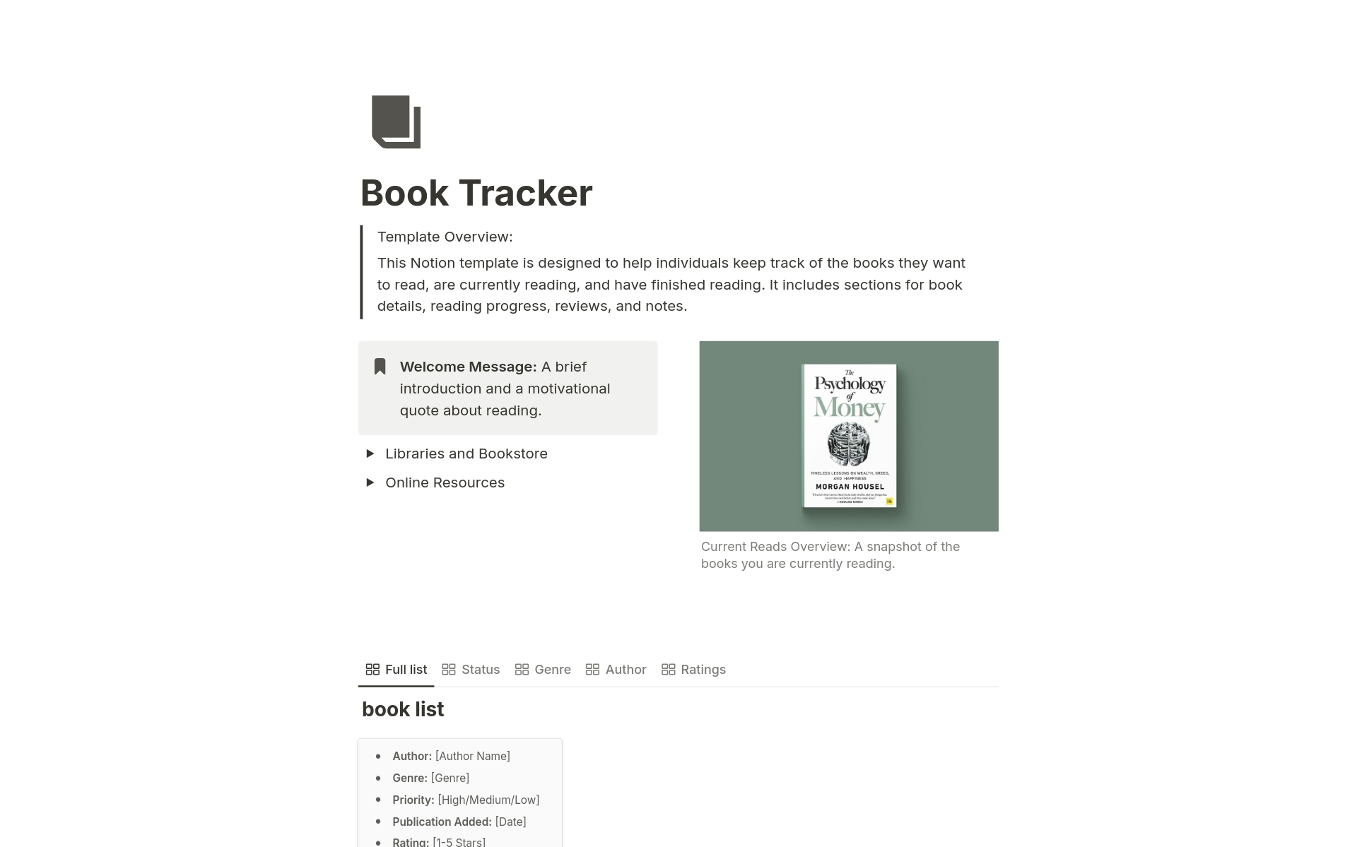 En förhandsgranskning av mallen för Book Tracker
