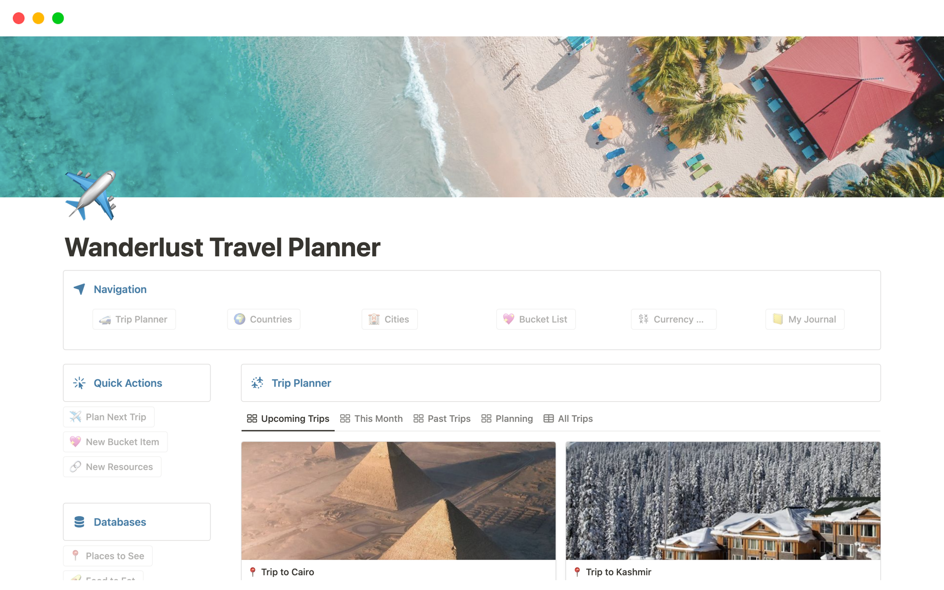 En förhandsgranskning av mallen för Wanderlust Travel Planner