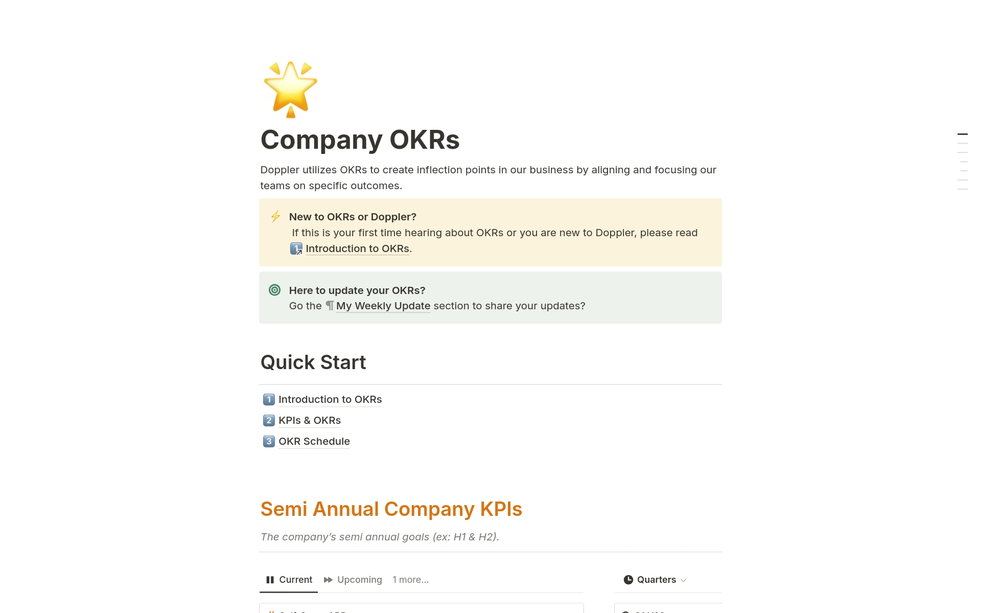 En förhandsgranskning av mallen för Doppler's Company OKRs