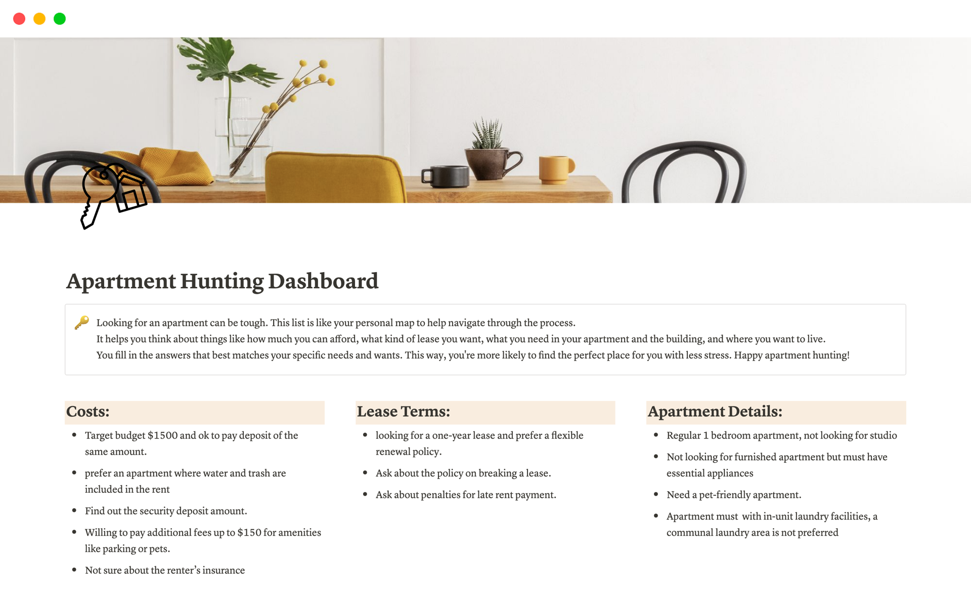 En förhandsgranskning av mallen för Apartment Hunting Dashboard