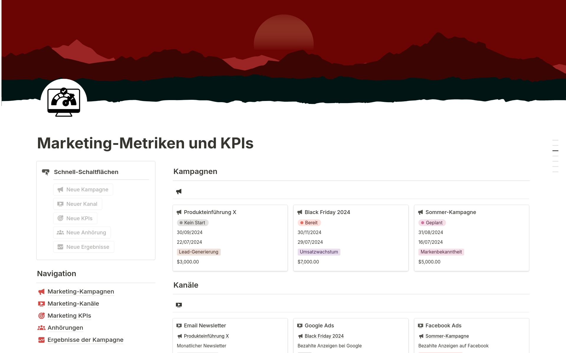 Vista previa de una plantilla para Marketing-Metriken und KPIs