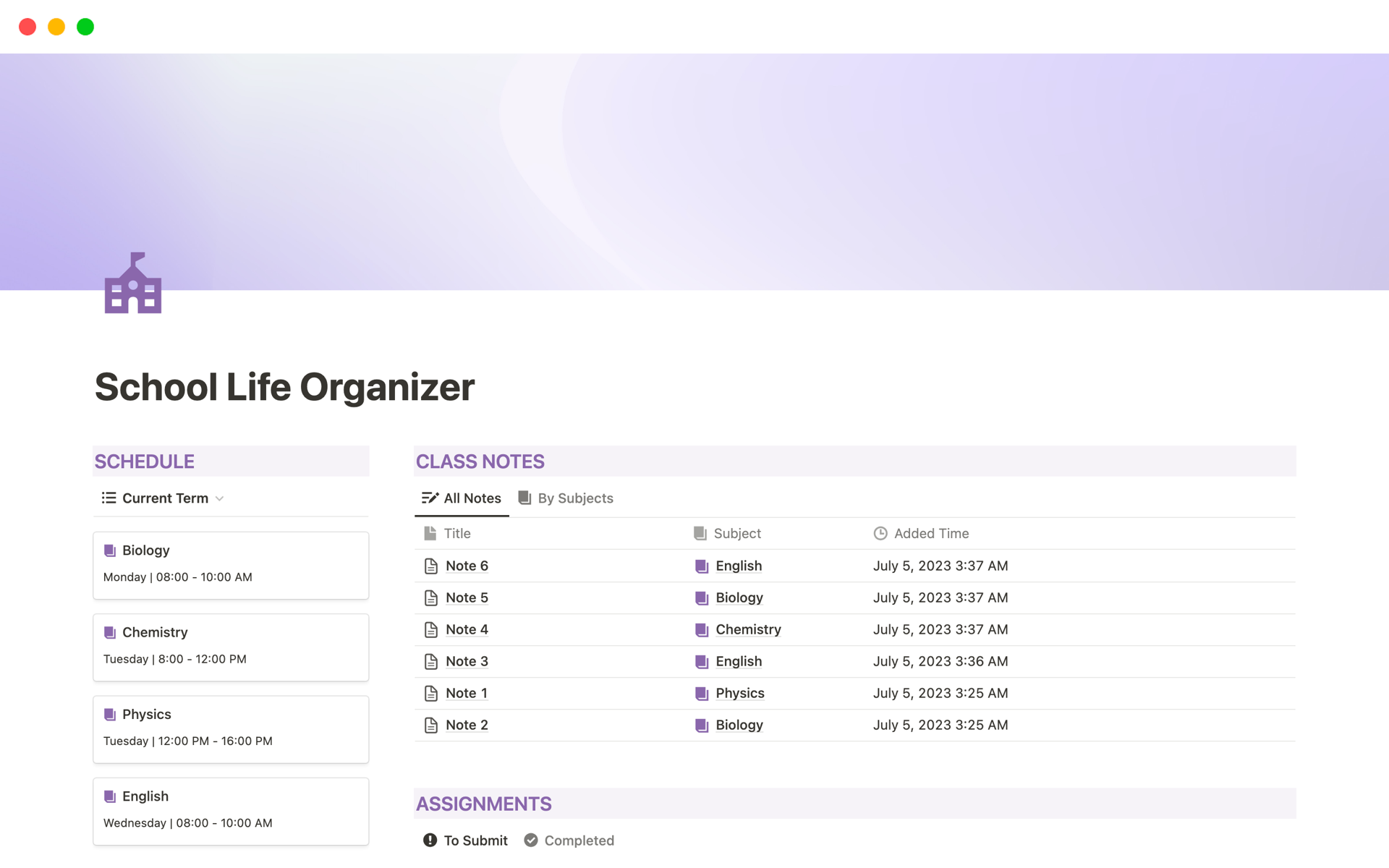 The School Life Organizer is a versatile Notion template that helps students stay organized by providing a single place to see their class schedule, notes, and assignments.