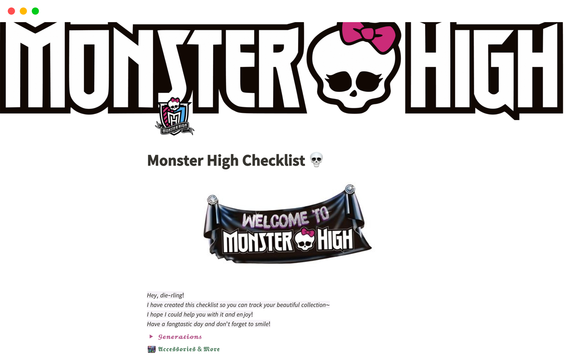 A template preview for Monster High Checklist