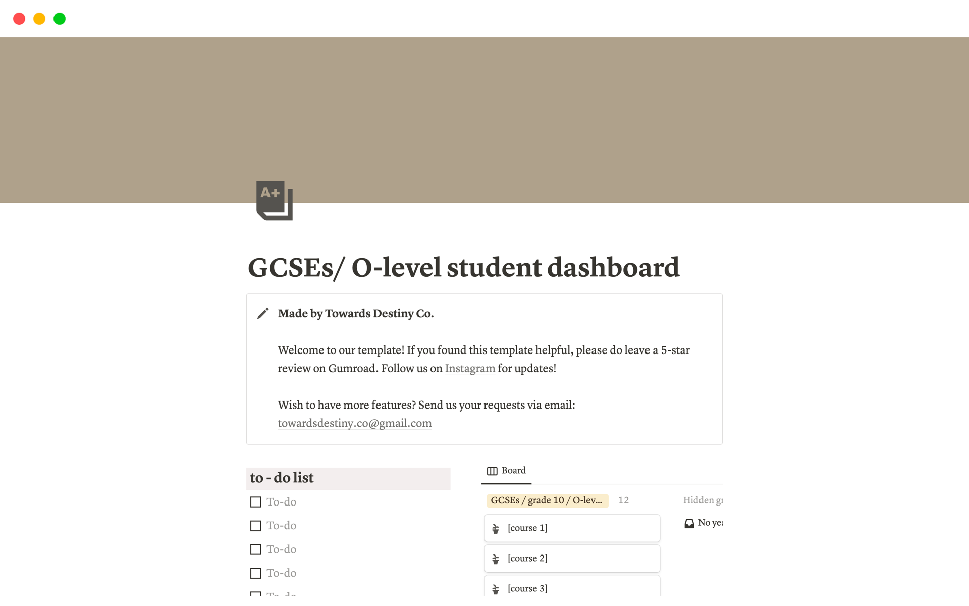 Introducing a pre-built template crafted to help O-level/ GCSE students manage their academic life. Simplify your student life by prioritizing your classes, notes, past- papers, and exams, empowering you to excel with ease.