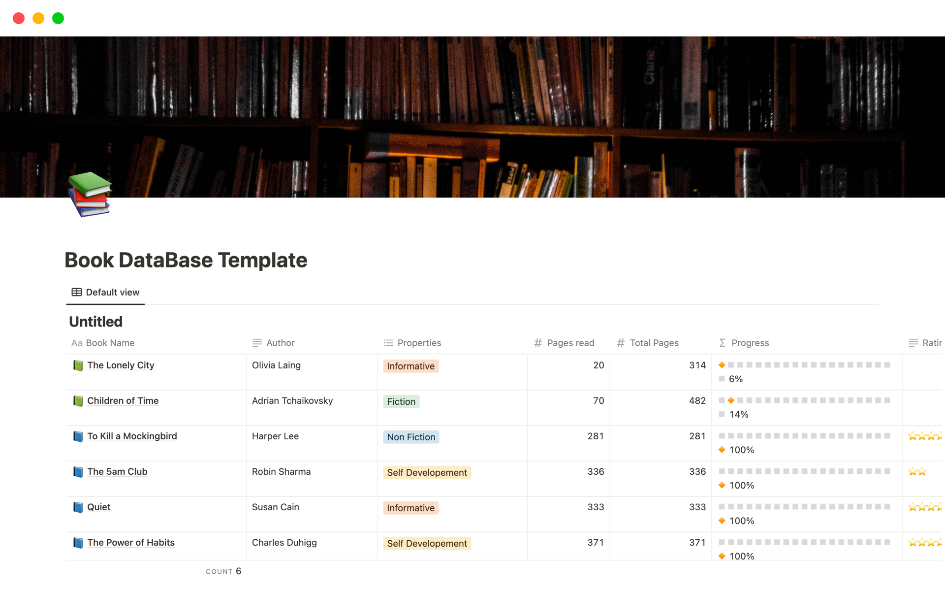 En förhandsgranskning av mallen för Book DataBase Template