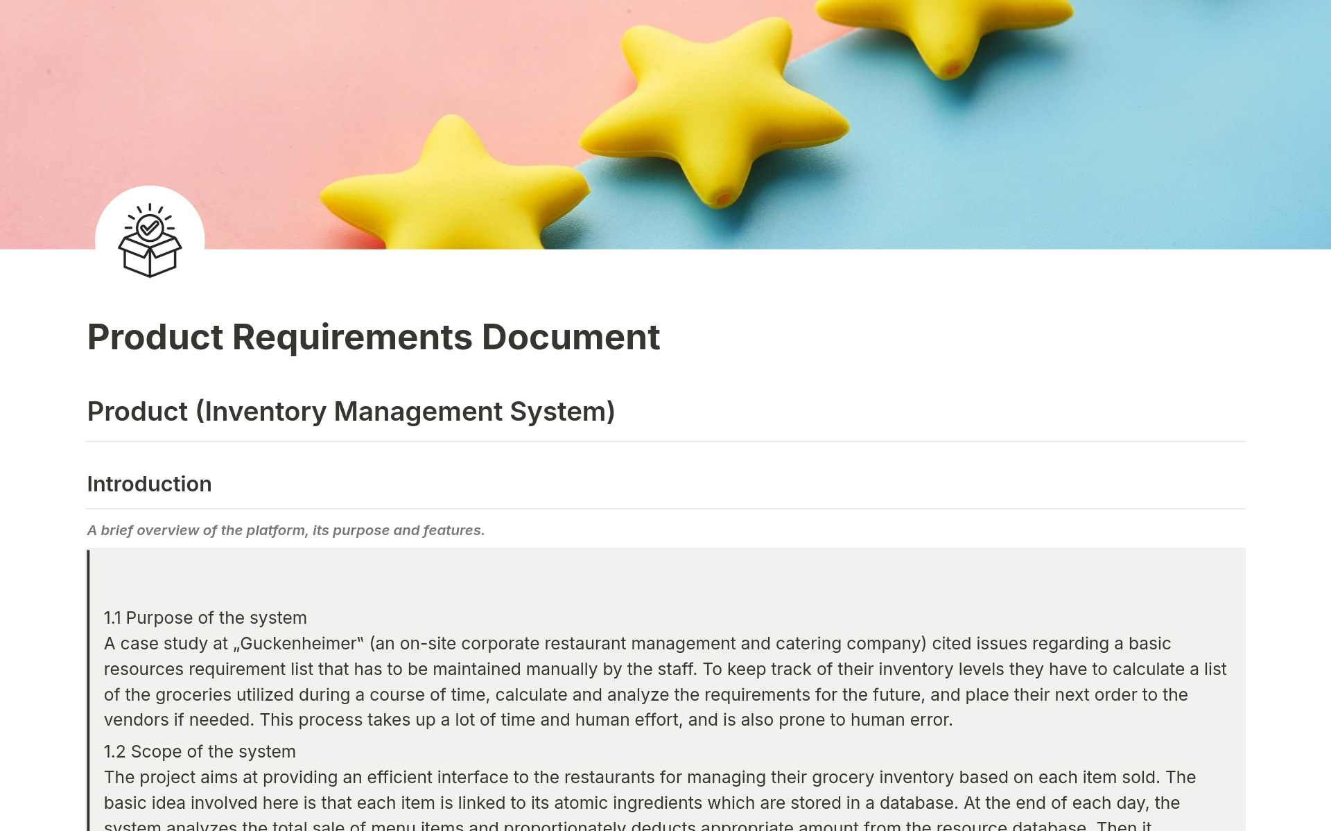 A template preview for Product Requirements Document 