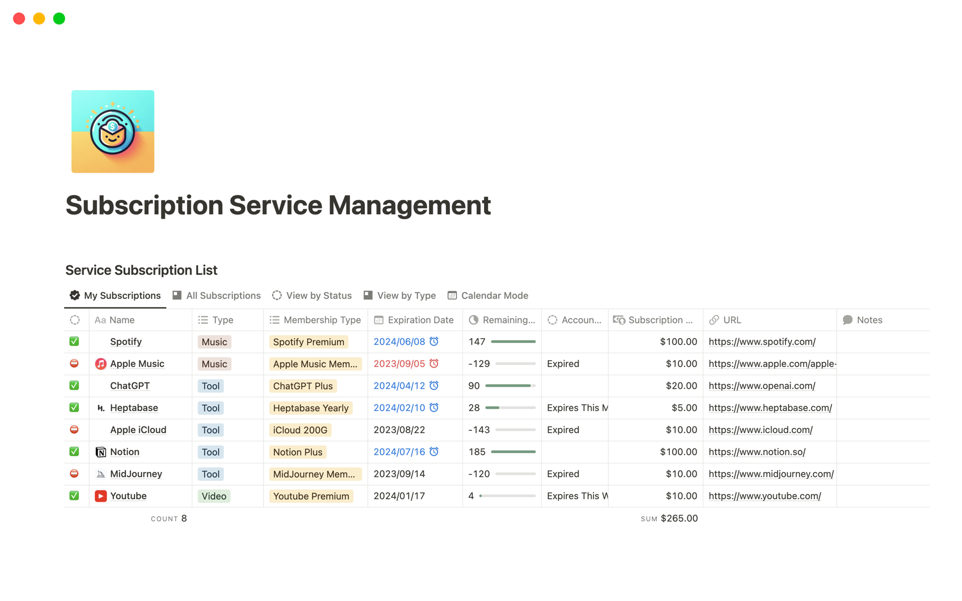 A template preview for Subscription Service Management