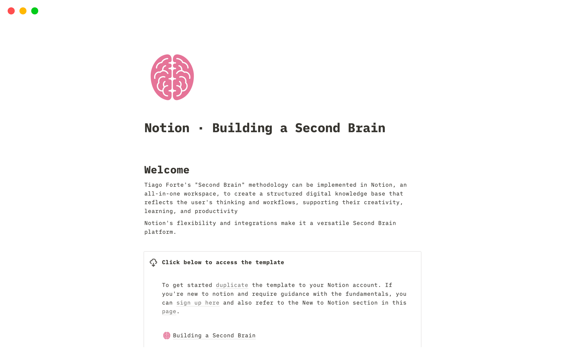 En forhåndsvisning av mal for Notion · Building a Second Brain