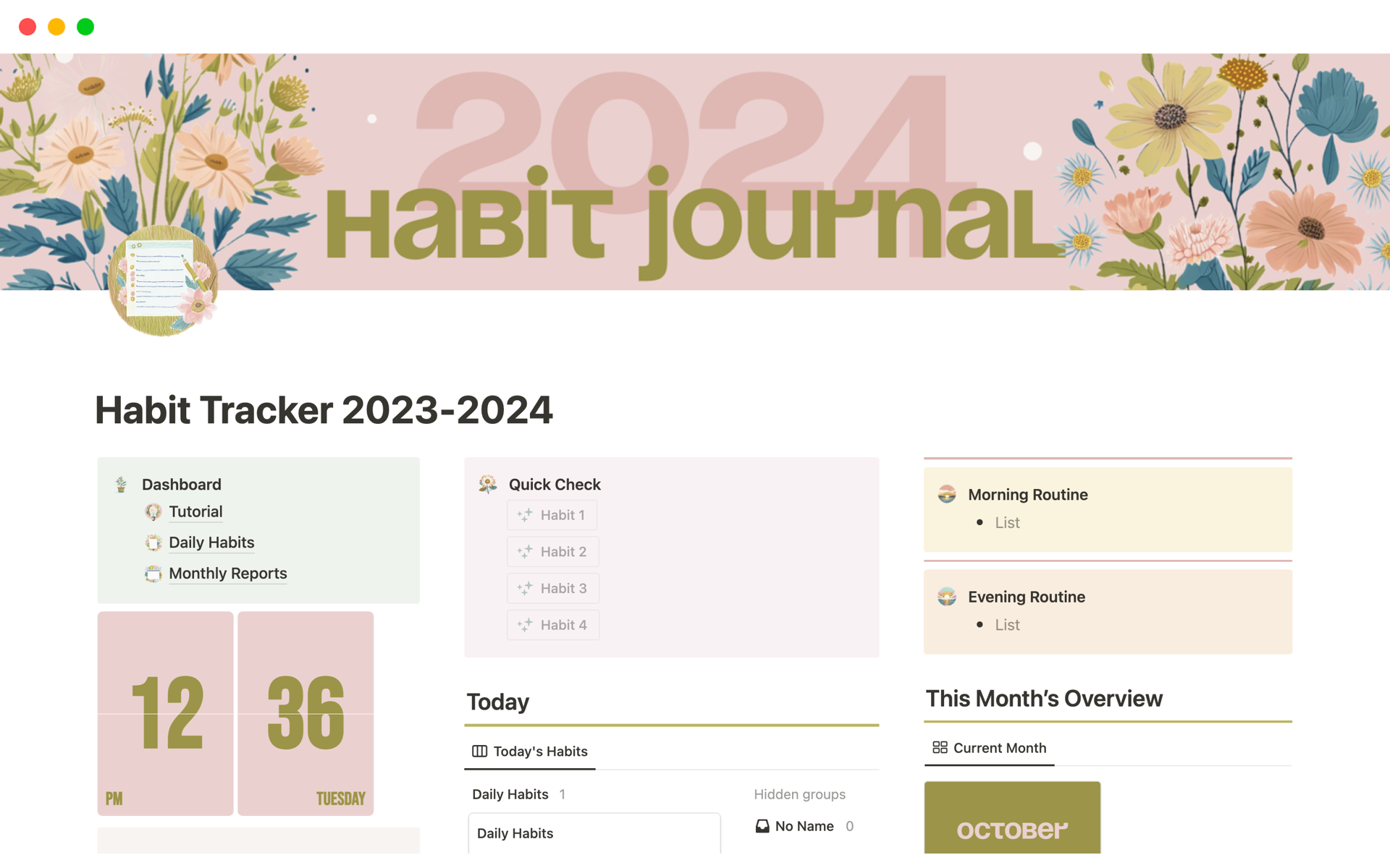 En forhåndsvisning av mal for Habit Tracker 2023-2024
