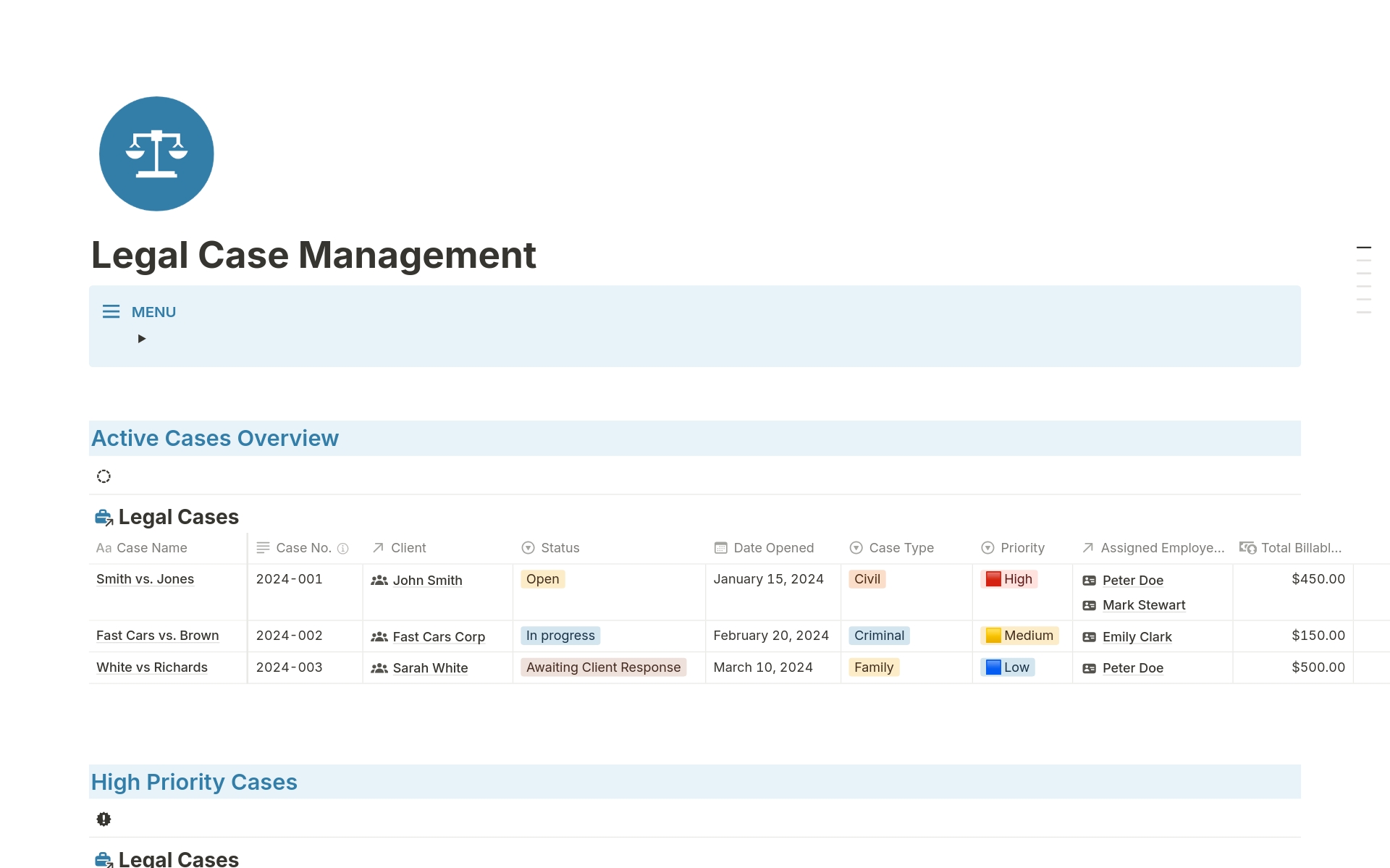 Efficiently manage legal cases with this comprehensive Notion template. Includes databases for cases, contacts, staff, appointments, billable items, and documents. Perfect for law firms and legal professionals.
