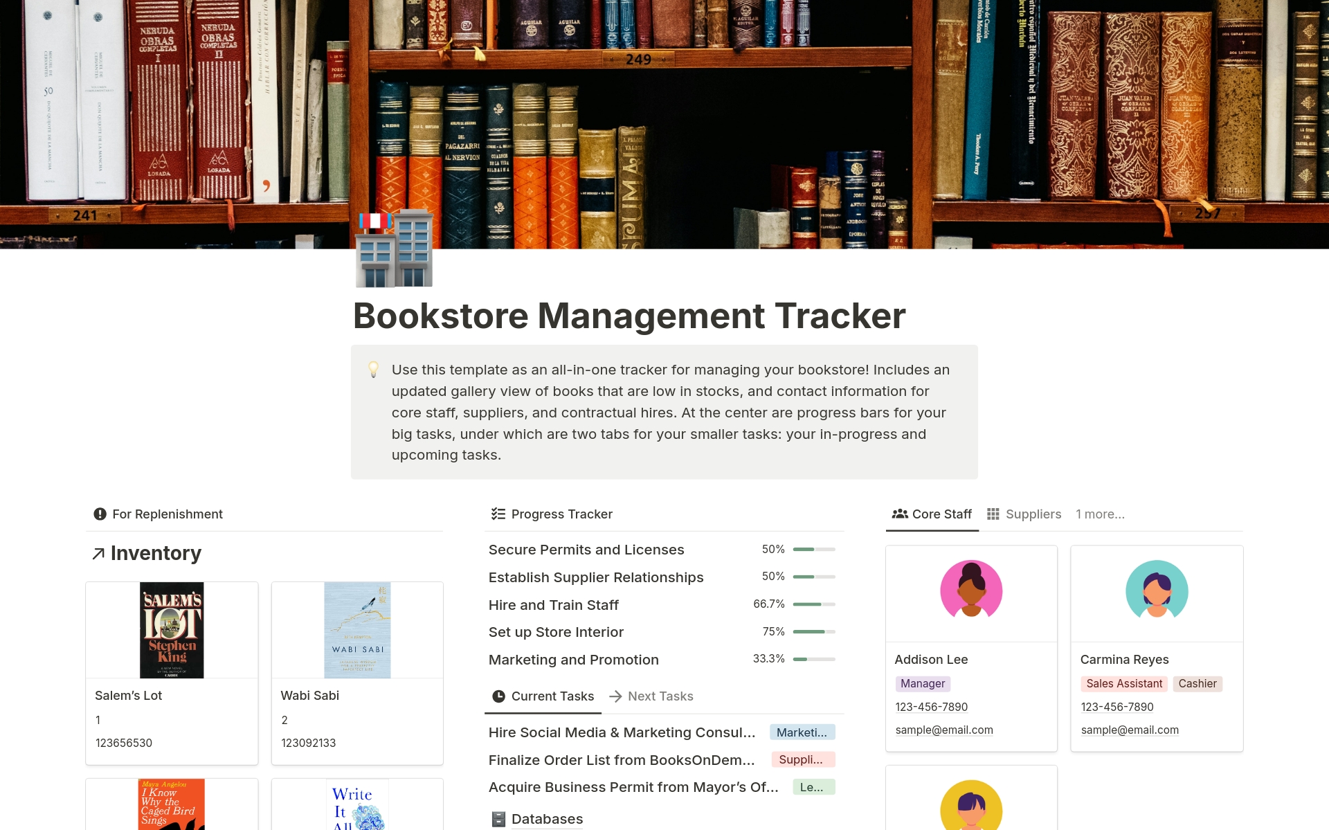 En forhåndsvisning av mal for Bookstore Management Tracker