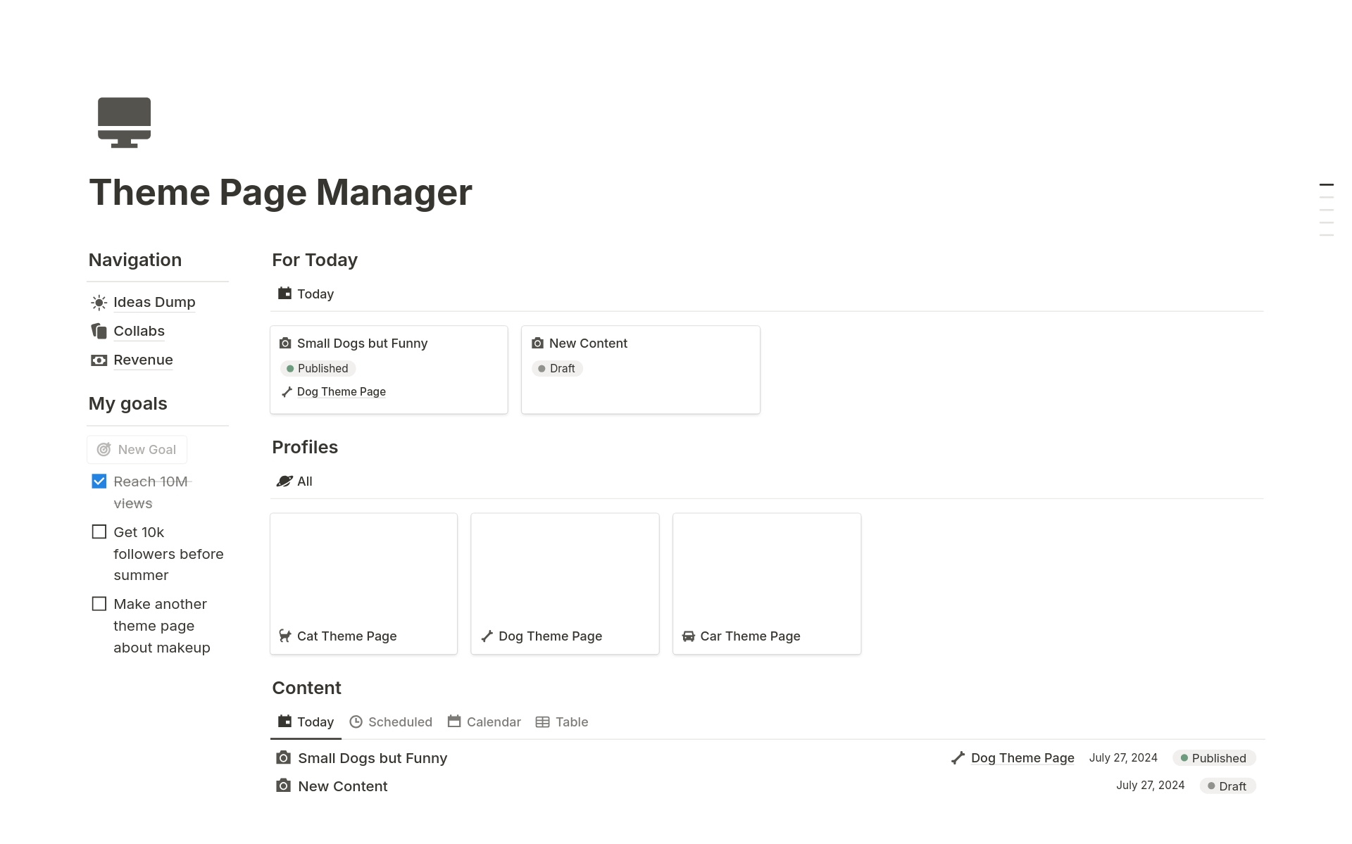 En forhåndsvisning av mal for Theme Page Manager