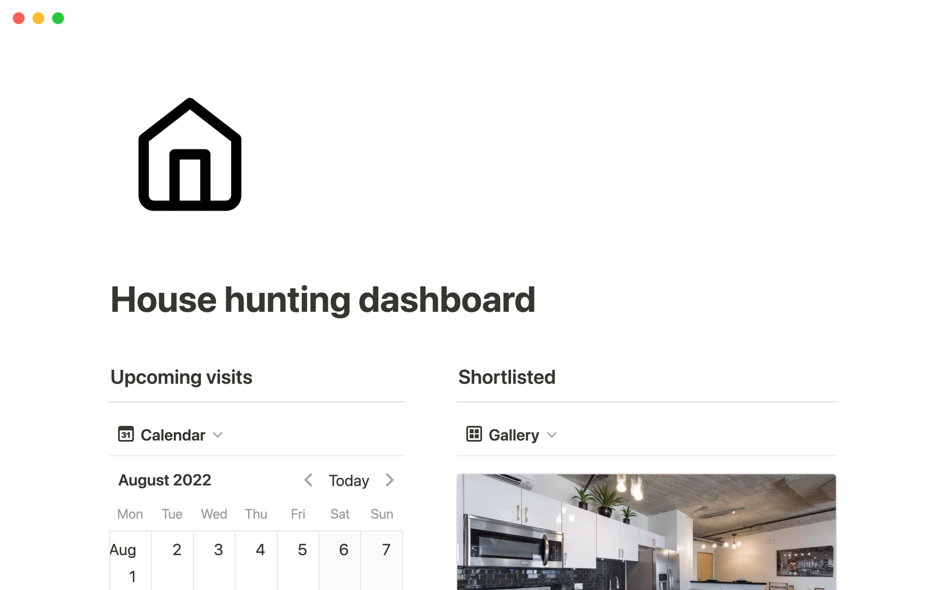 En forhåndsvisning av mal for House hunting dashboard