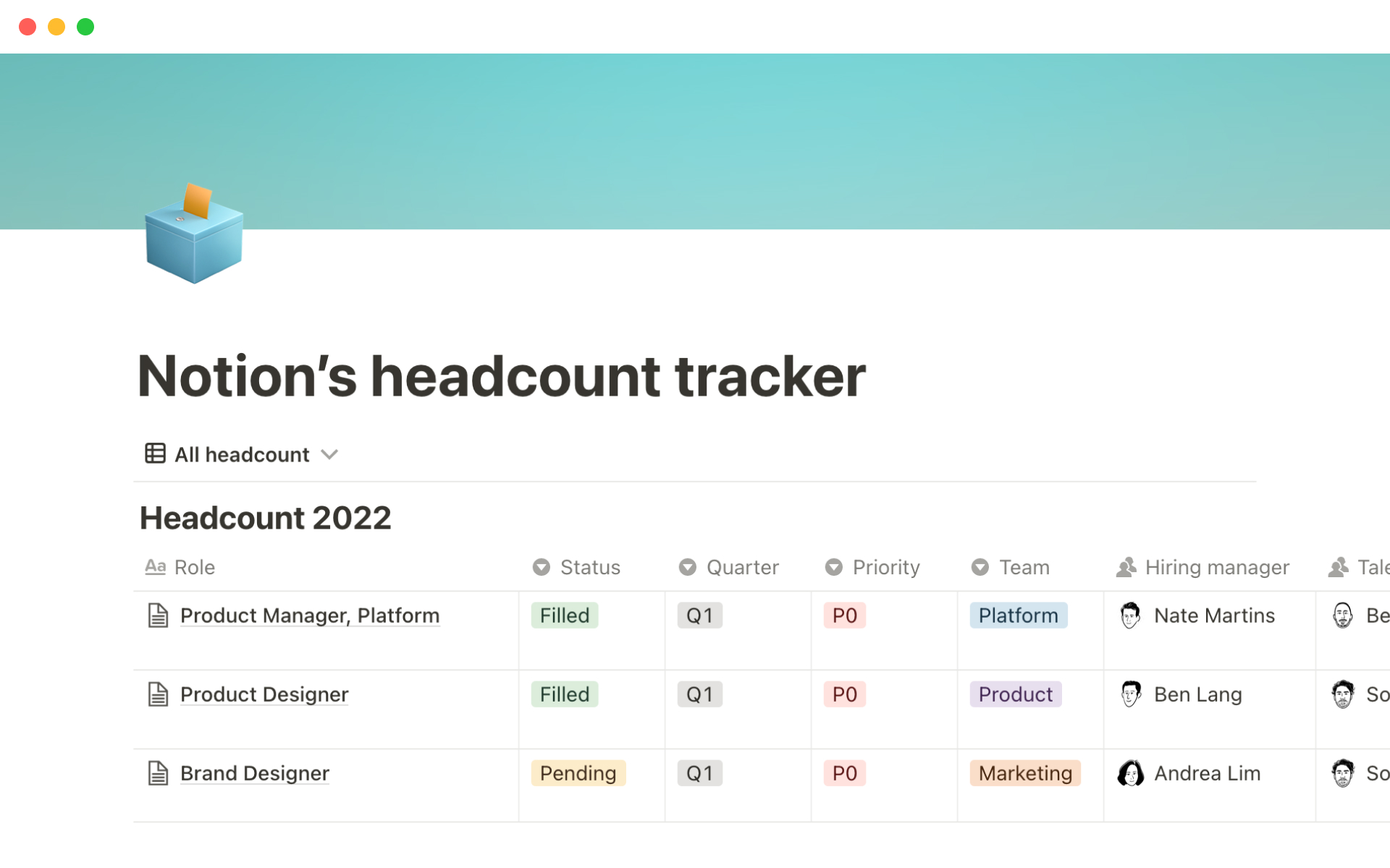 A template preview for Notion’s headcount tracker