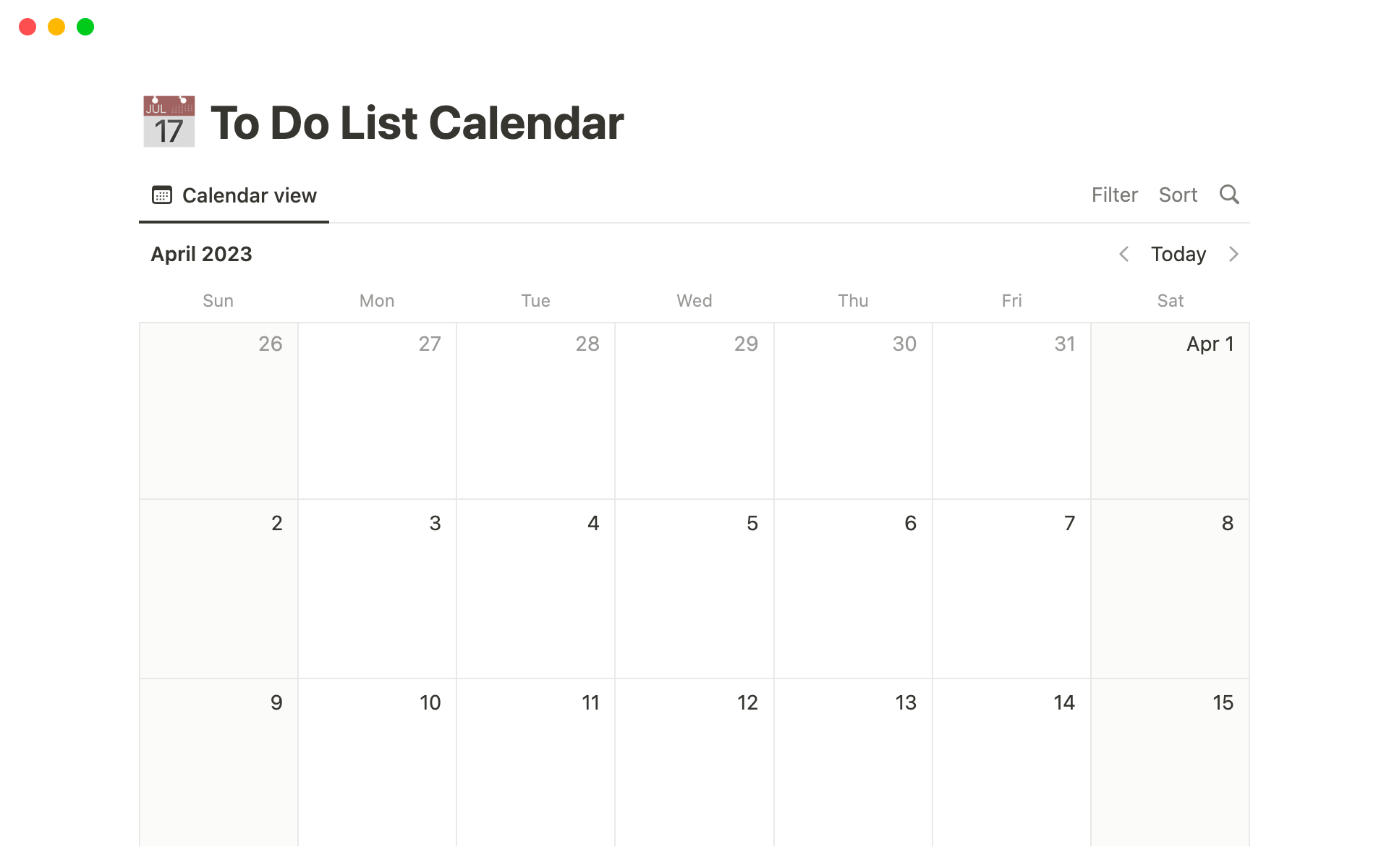 En forhåndsvisning av mal for To Do List Calendar