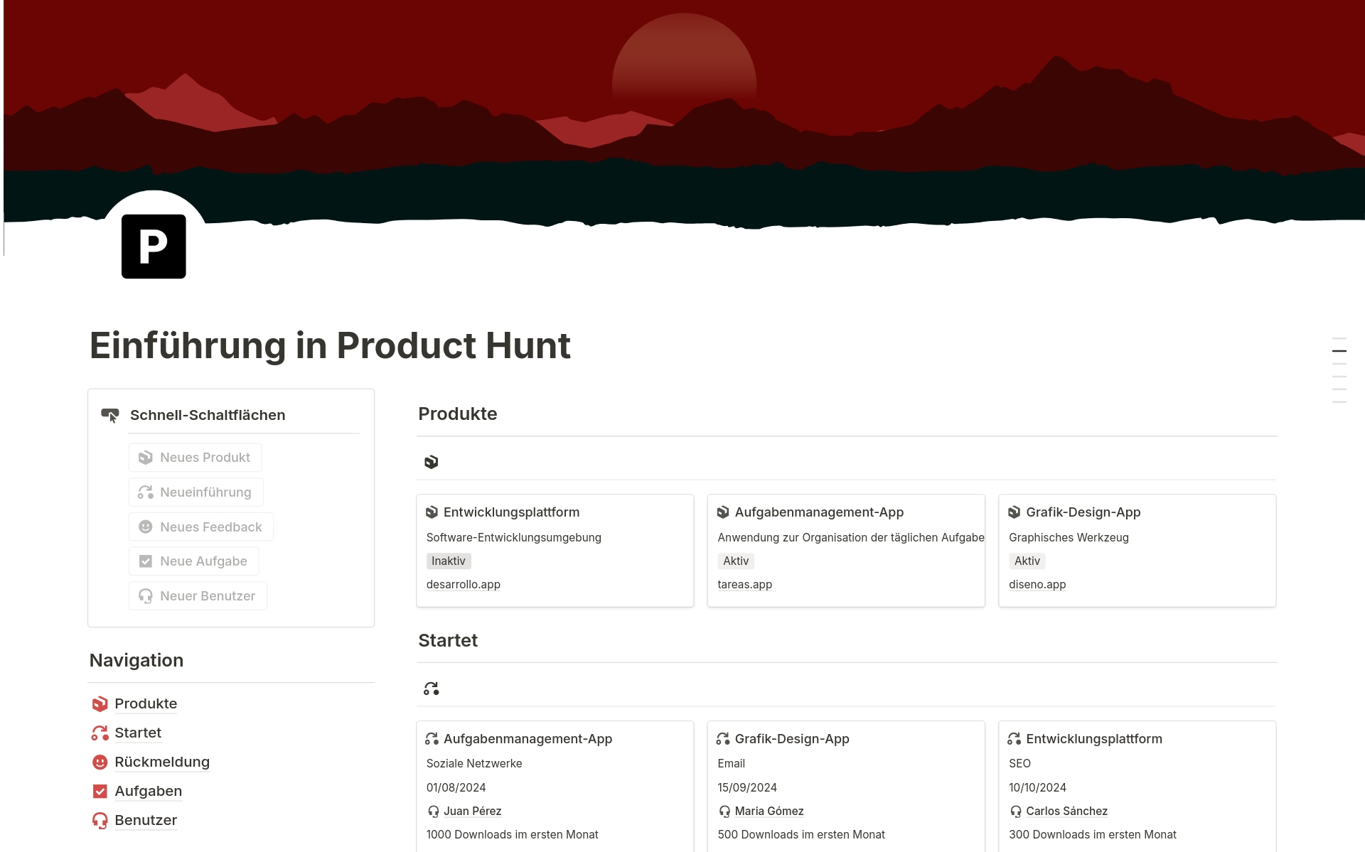 Vista previa de una plantilla para Einführung in Product Hunt