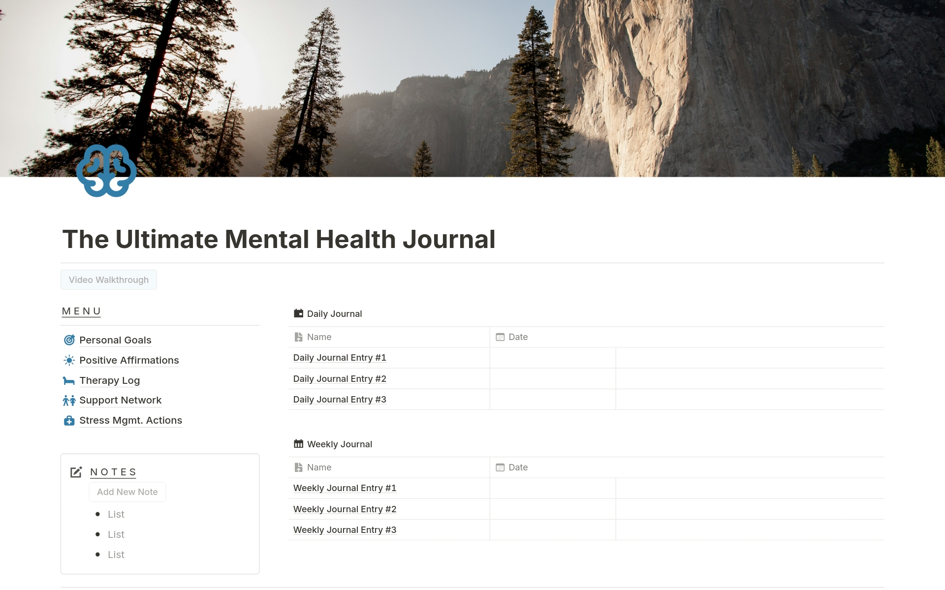 Elevate your mental wellness with "The Ultimate Mental Health Journal in Notion." This all-in-one toolkit helps you track, reflect, and grow daily. Features include a daily journal, mood tracker, gratitude journal, trigger journal, affirmations, therapy log, and much more...