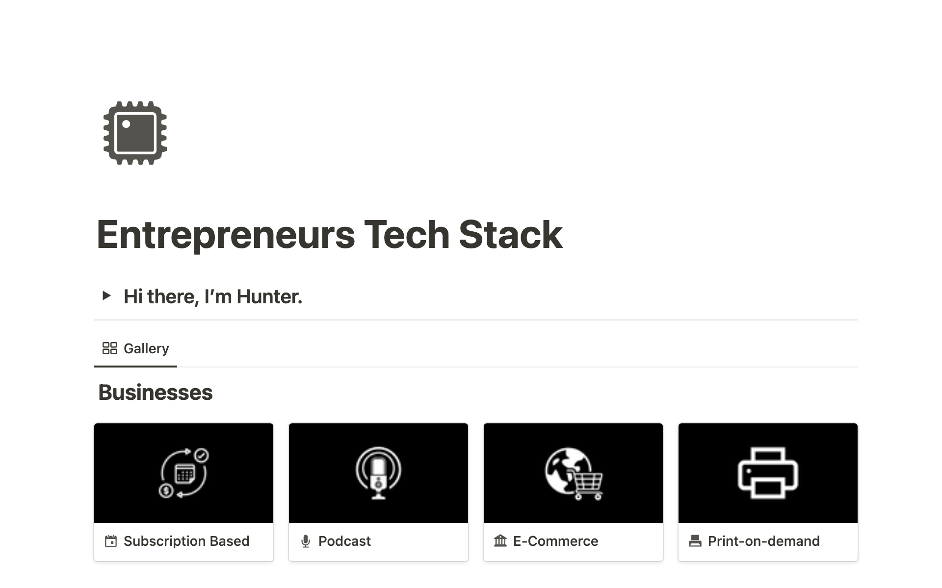En forhåndsvisning av mal for The Entrepreneurs Tech Stack