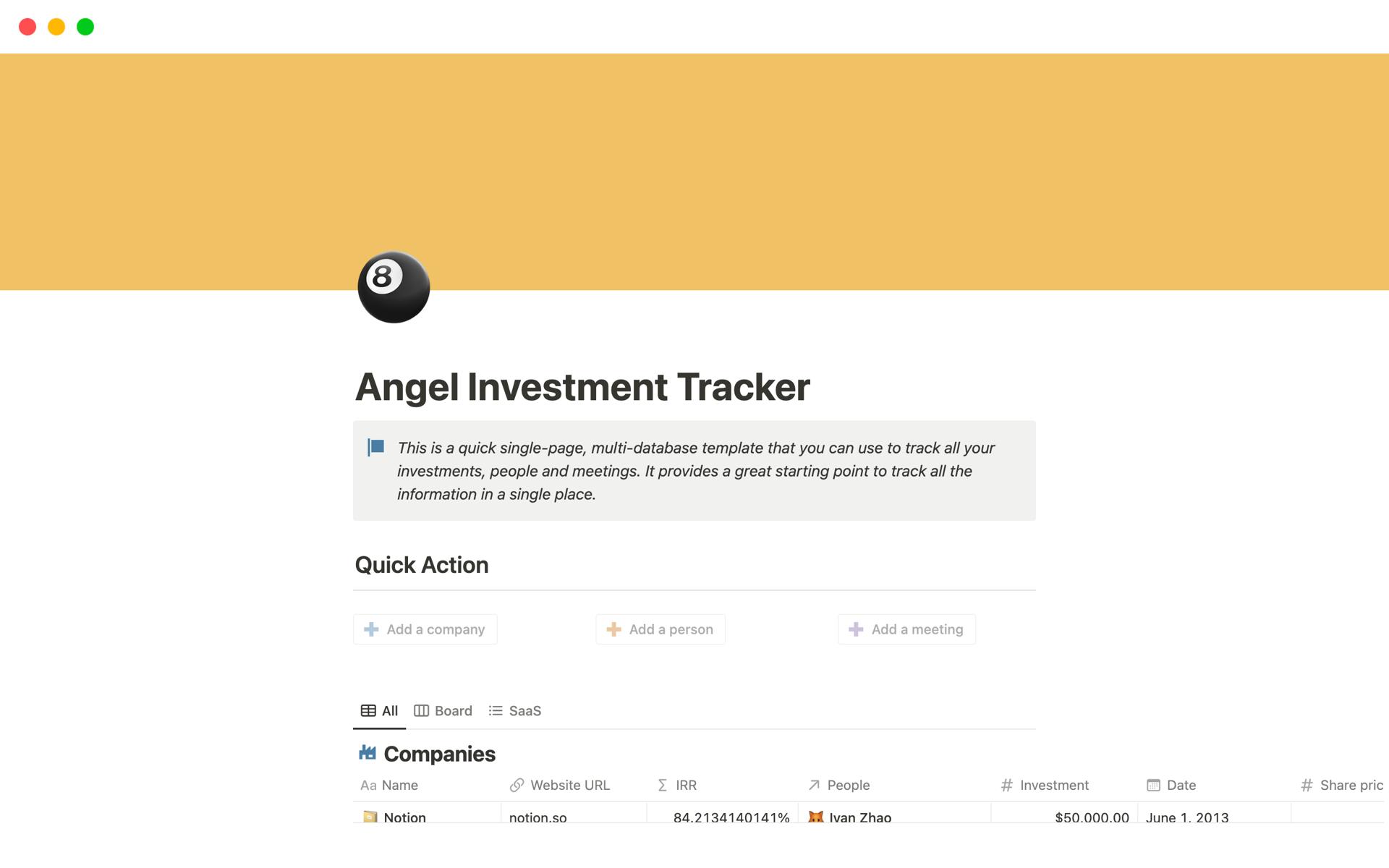 Mallin esikatselu nimelle Angel Investment Tracker