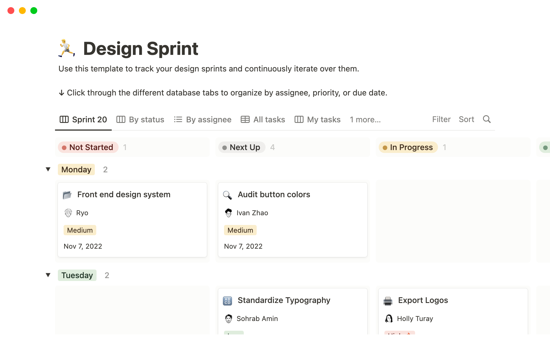En forhåndsvisning av mal for Design Sprint