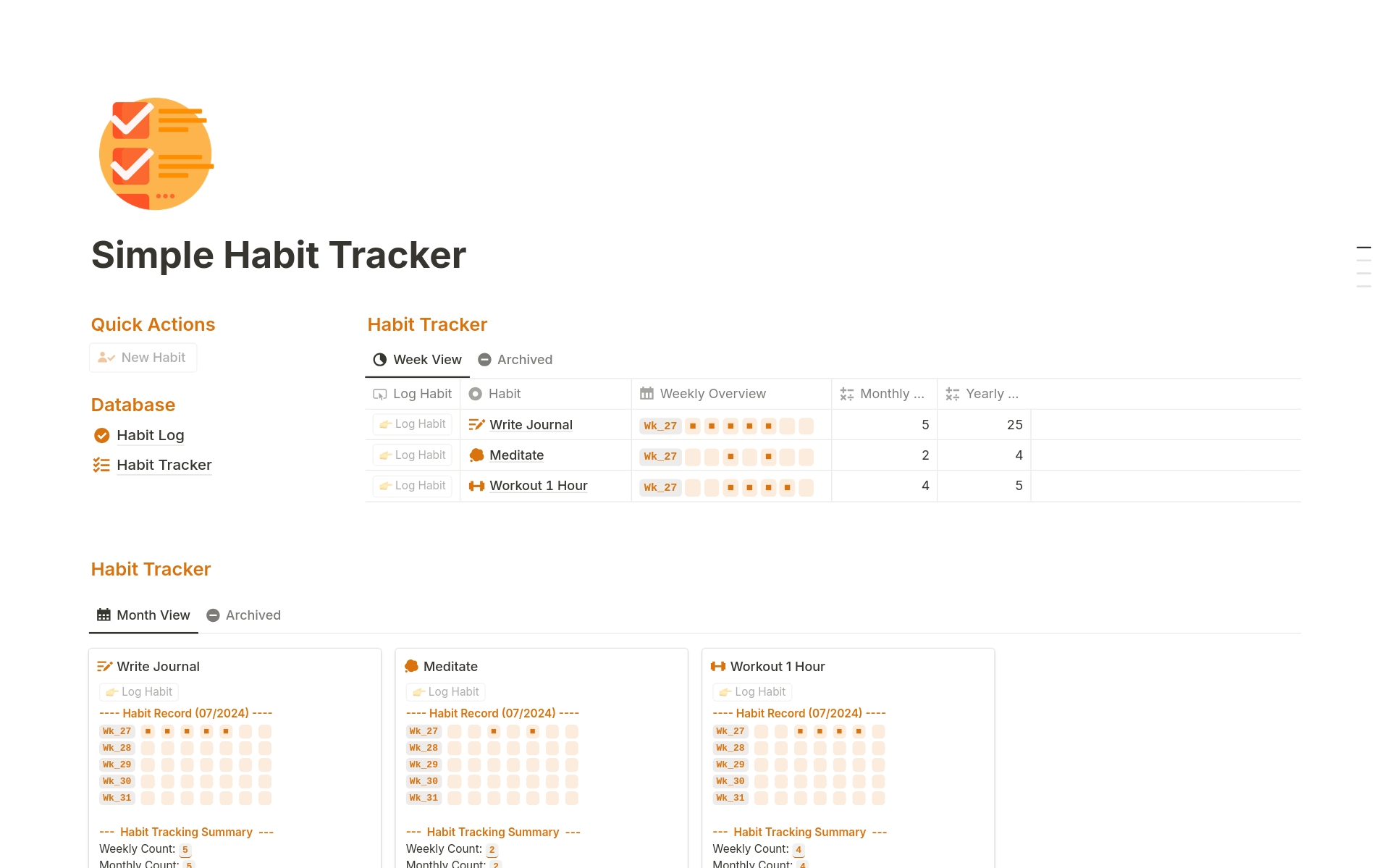 The Notion Simple Habit Tracker is designed to streamline the management of your daily habits. It provides a holistic view of your habit progress, ensuring you can quickly find and manage your habit details while staying informed about your overall progress.
