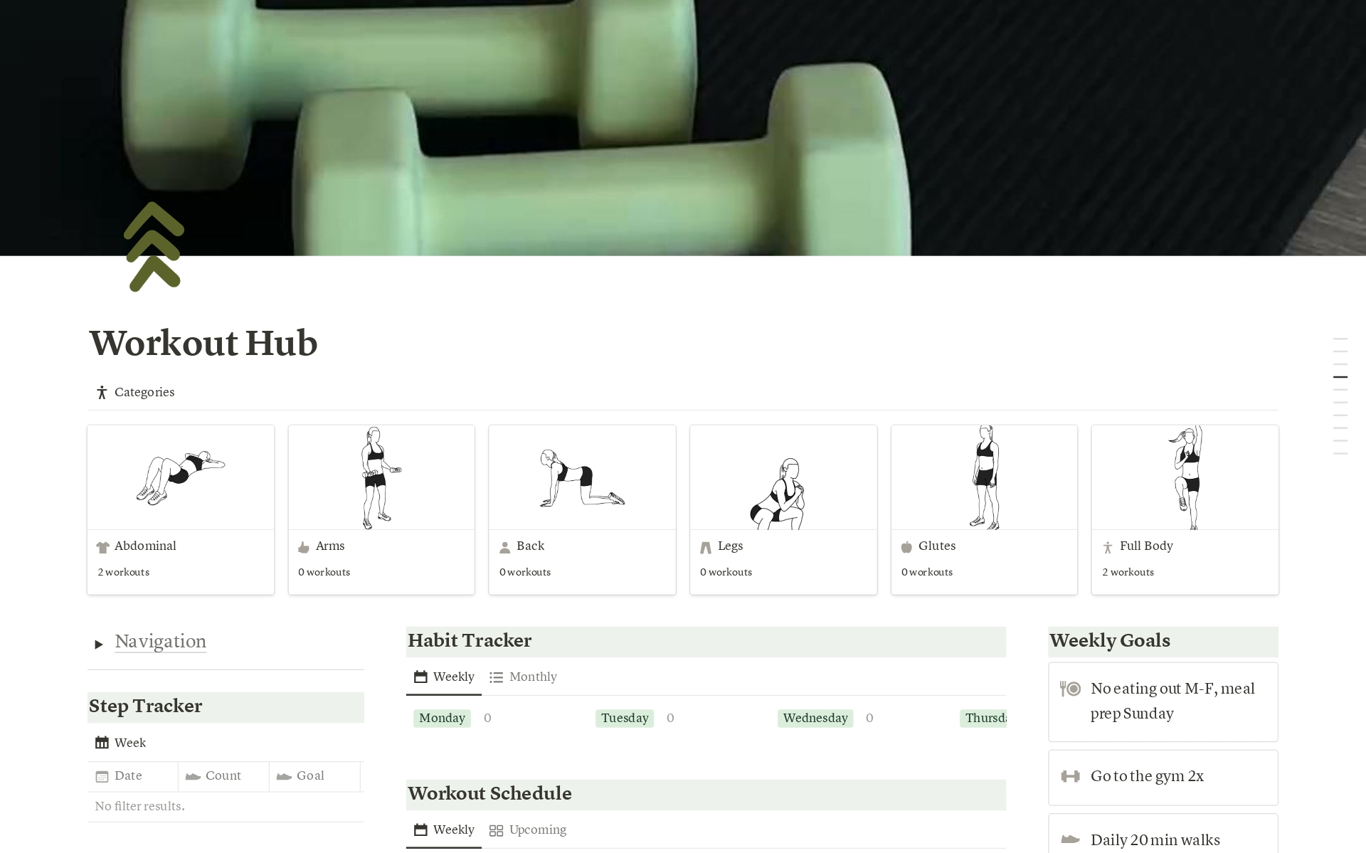 A template preview for Workout Hub