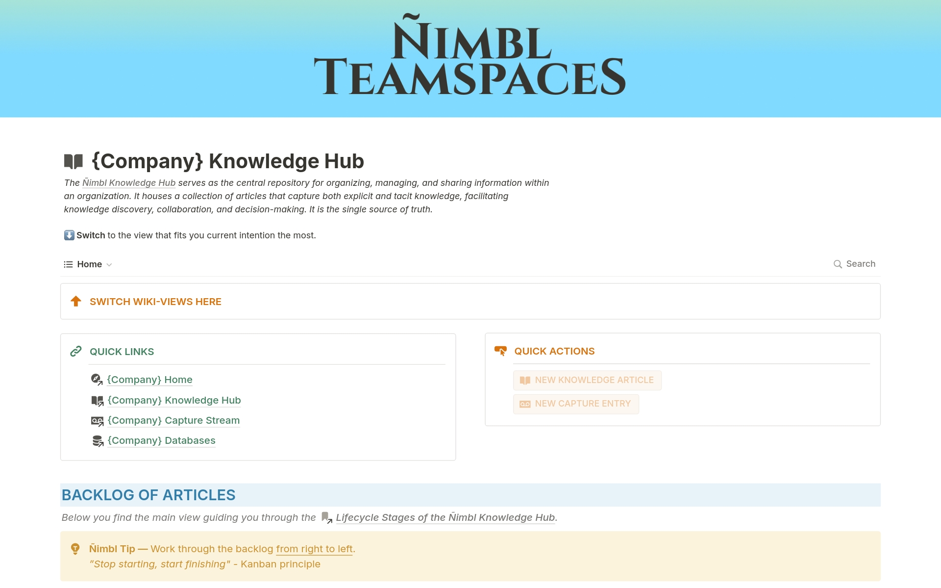 Ñimbl Teamspaces provides your Notion workspace with the foundation for effective knowledge management, fostering better thinking and collaboration – and it was built in a Startup.

