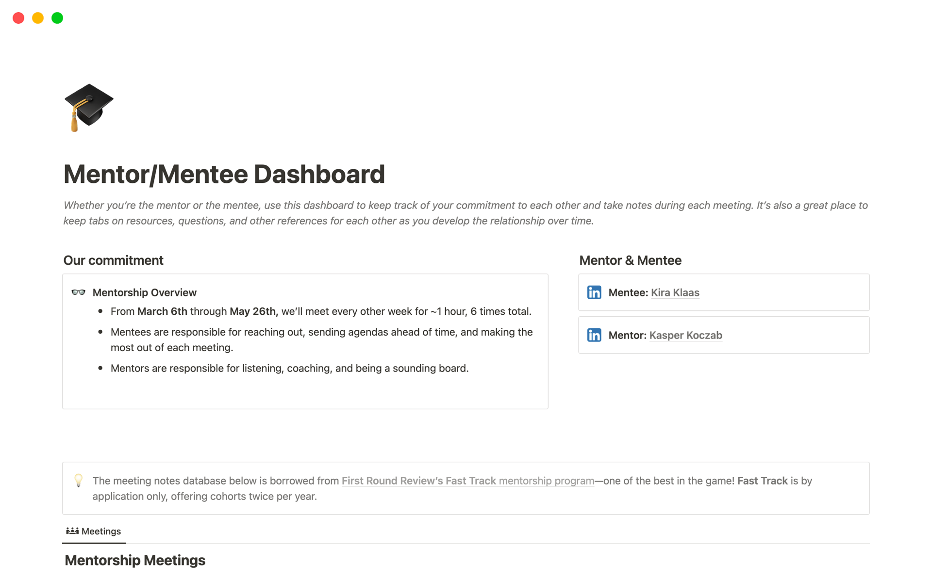 En förhandsgranskning av mallen för Mentor/Mentee Dashboard