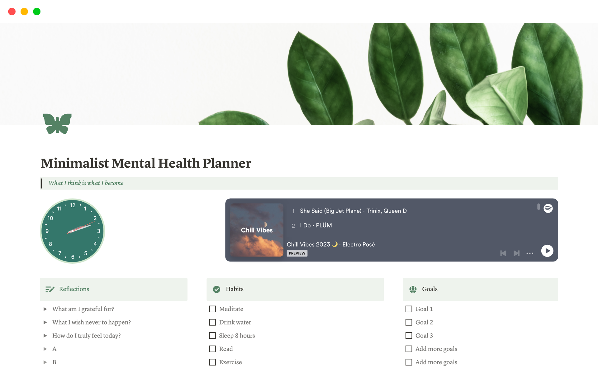 En forhåndsvisning av mal for Minimalist Mental Health Planner