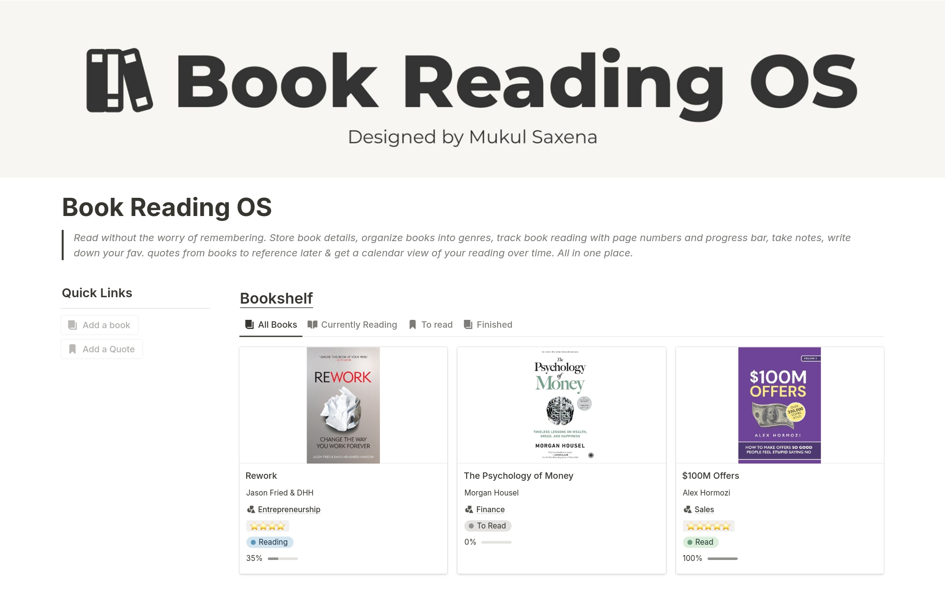 This Book Reading Tracker OS helps you keep a track of your reading progress, rate, organize, manage books with ease, saving you 3x time & energy.