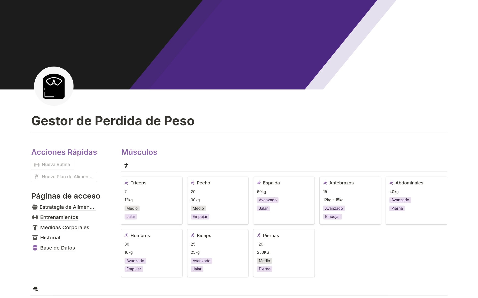 En forhåndsvisning av mal for Gestor de Pérdida de Peso