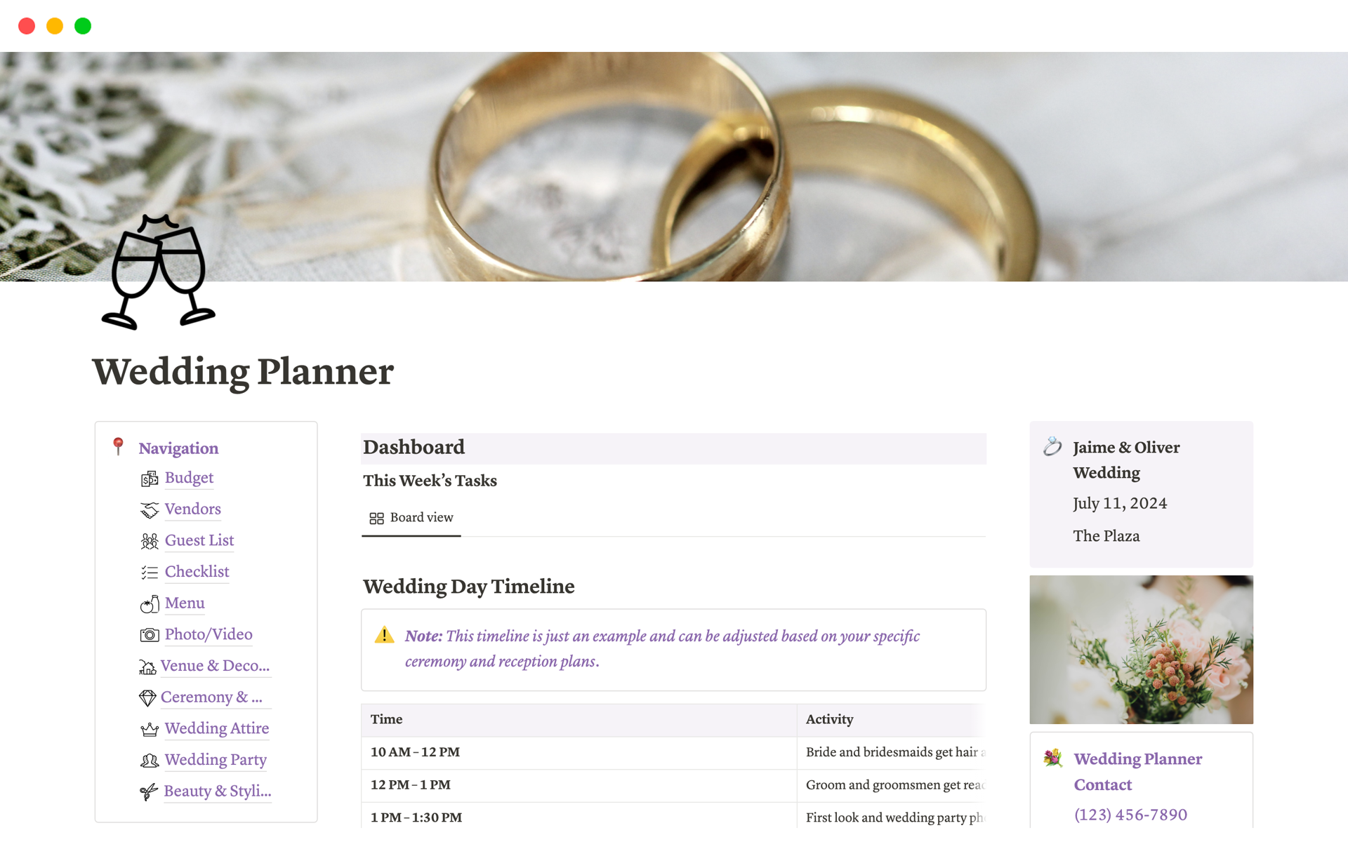 En forhåndsvisning av mal for Wedding Planner